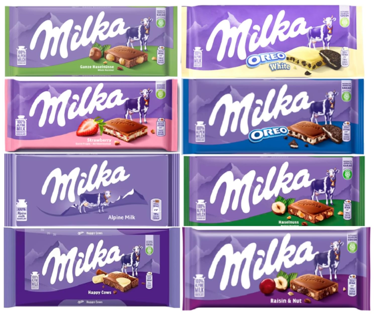Milka European Chocolate Bars Variety Pack of 8 Full Size Bars, No Duplicate Chocolate
