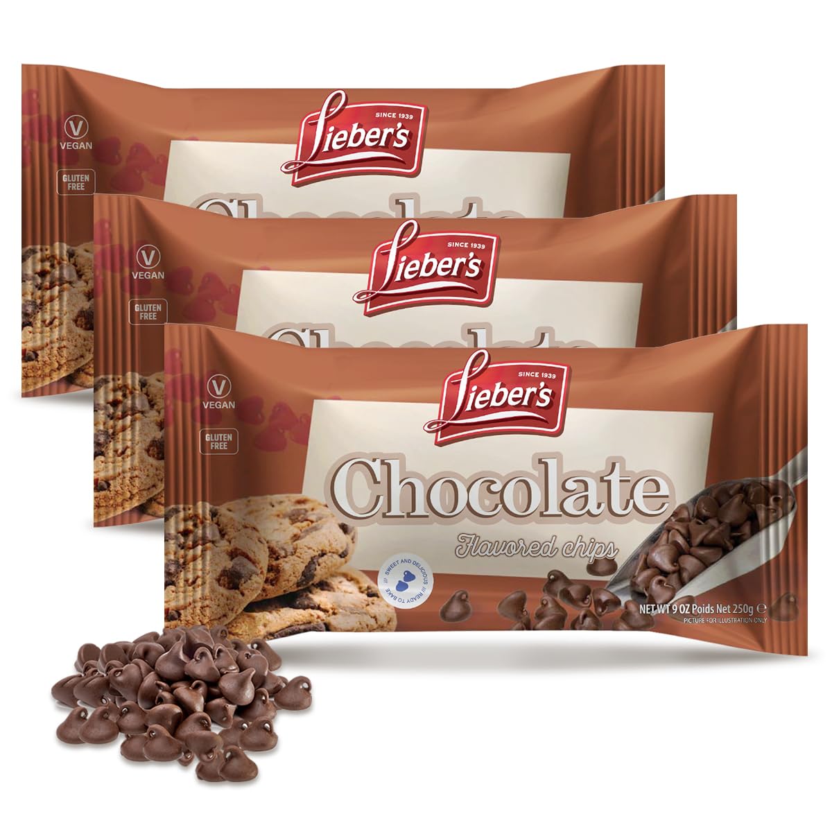 Lieber's Chocolate Flavored Chips - 9 oz Bag - Gluten-Free, Vegan, Dairy-Free Chocolate Chips - Perfect for Baking, Snacking, and Desserts – 3 Pack