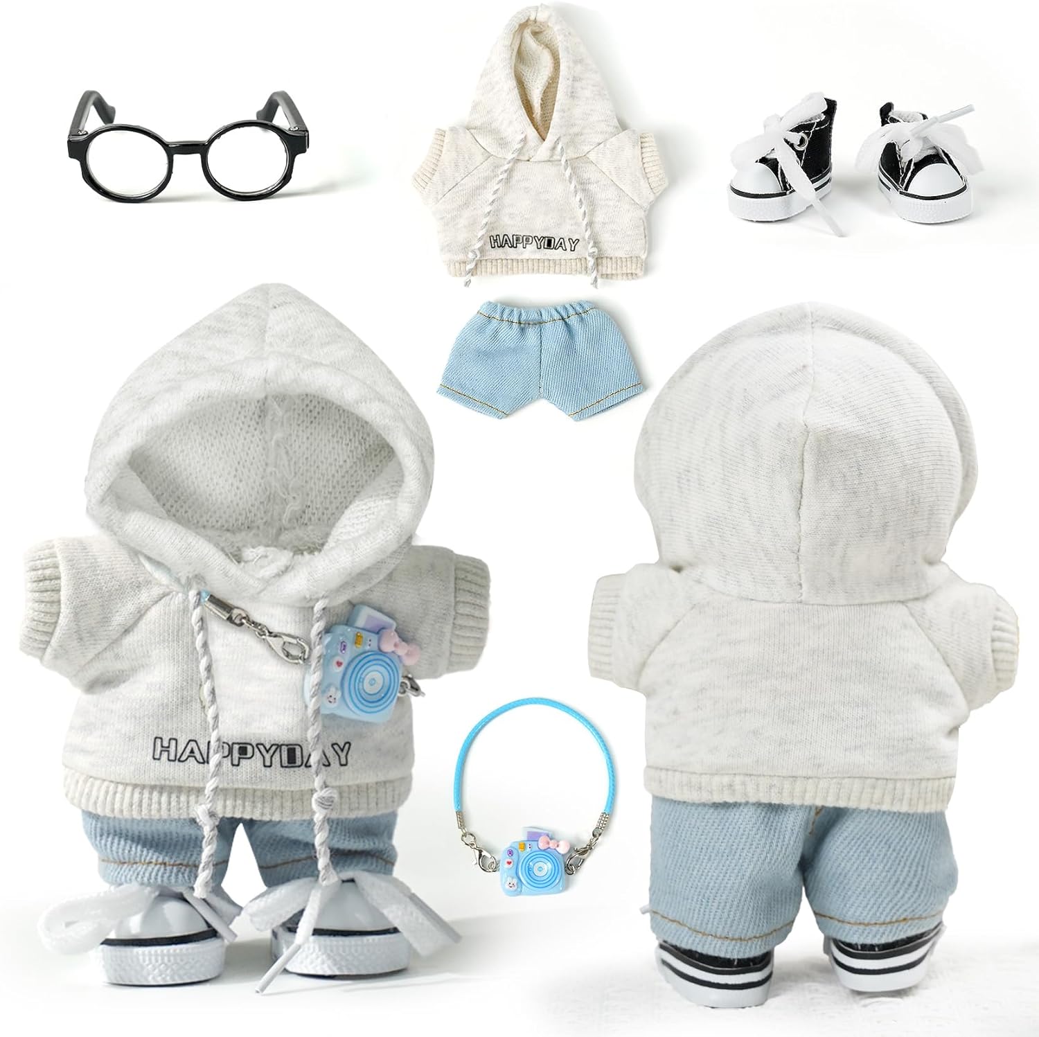 ARTST 17cm Doll-Clothes-Outfit-Set,6PCS Casual Style Doll Clothing Accessories for 17cm Dolls-Hoody+Jeans+Small Camera+Glasses+Canvas Shoes(No Doll)