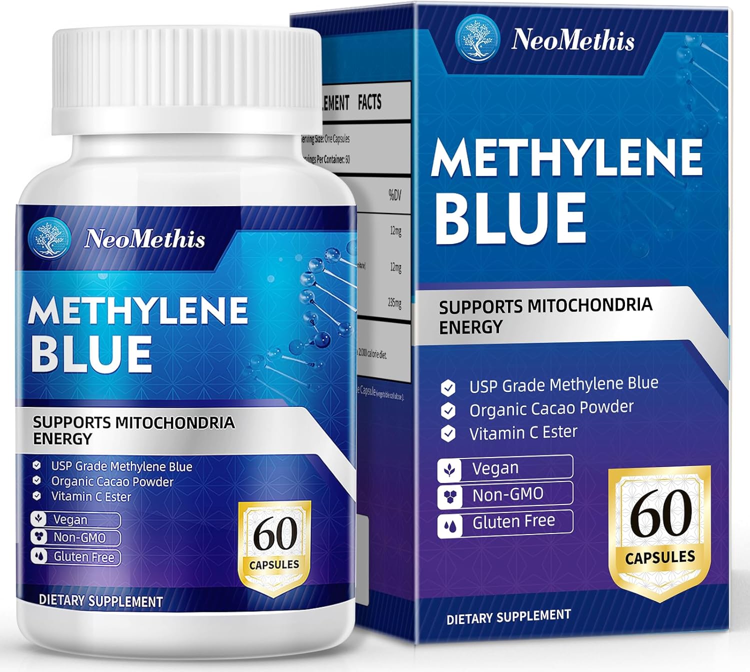Methylene Blue Capsules (USP Grade), 60 Capsules Maximum Absorption Grade Supplement, Support Anti-Aging, Energy and Cognitive Enhancing Properties