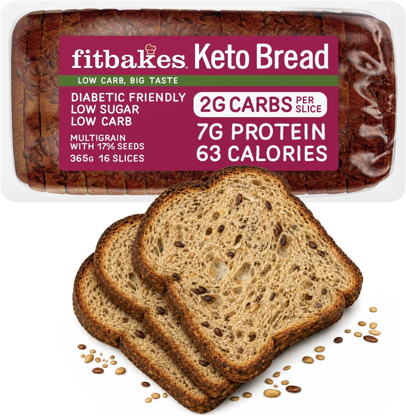 Fit bakes Keto Bread 2g Carbs 7g Protein, Diabetic, Multi Seeded, 16 Slices