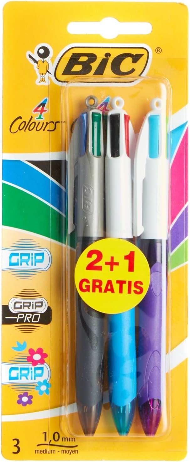 Bic Grip 4-Colours Retractable Pens [Pack of 3] - 1 Grip, 1 Pro, 1 Fun/Fashion Colours Medium 1.0mm