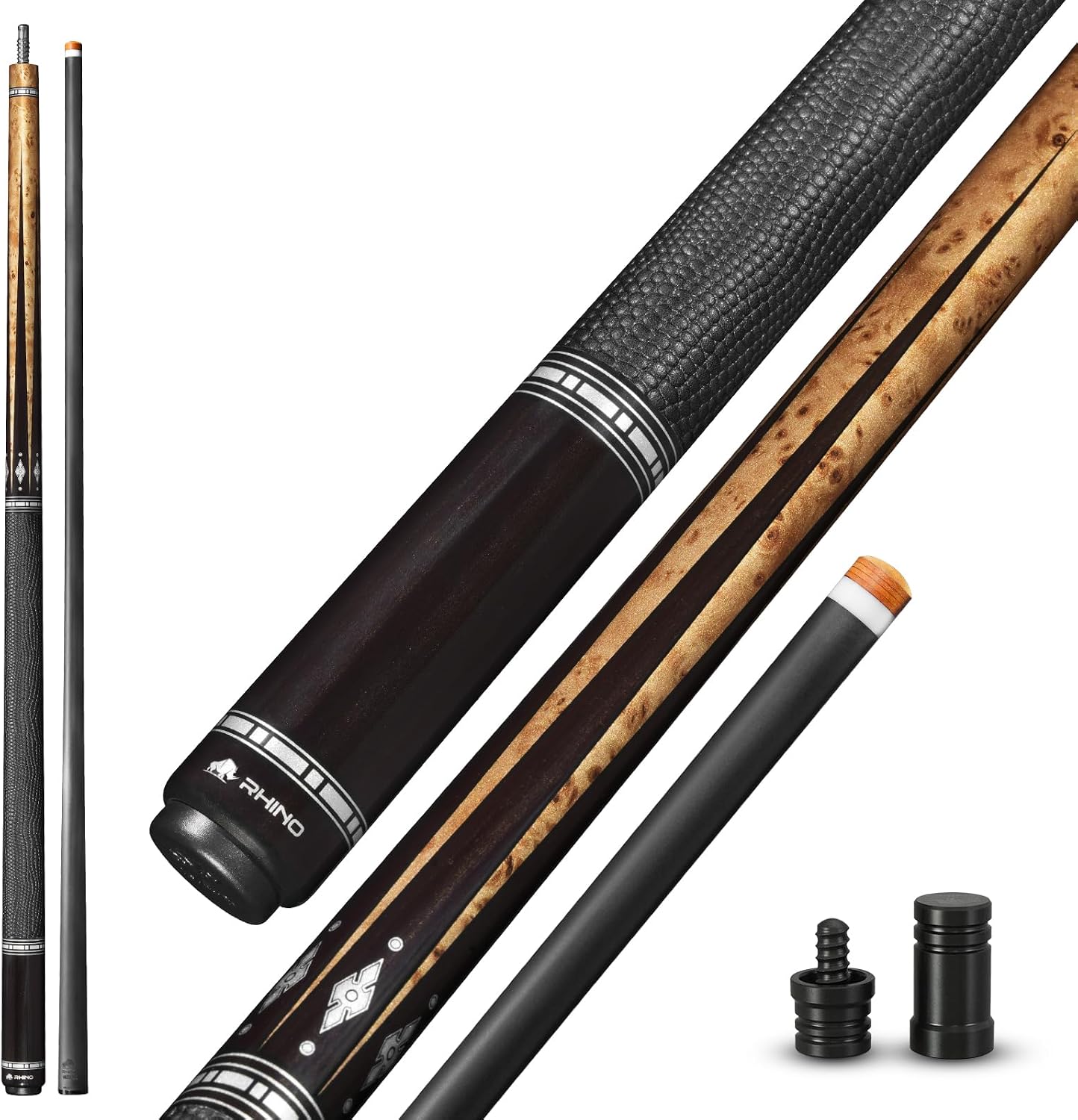 RHINO Eclipse II Carbon Fiber Pool Cue, Low Deflection Carbon Shaft with 11.8mm /12.5mm Nishiki Japan Tip and 3/8-8 Joint, Professional Pool Stick for Adults with Microfiber Leather Grip