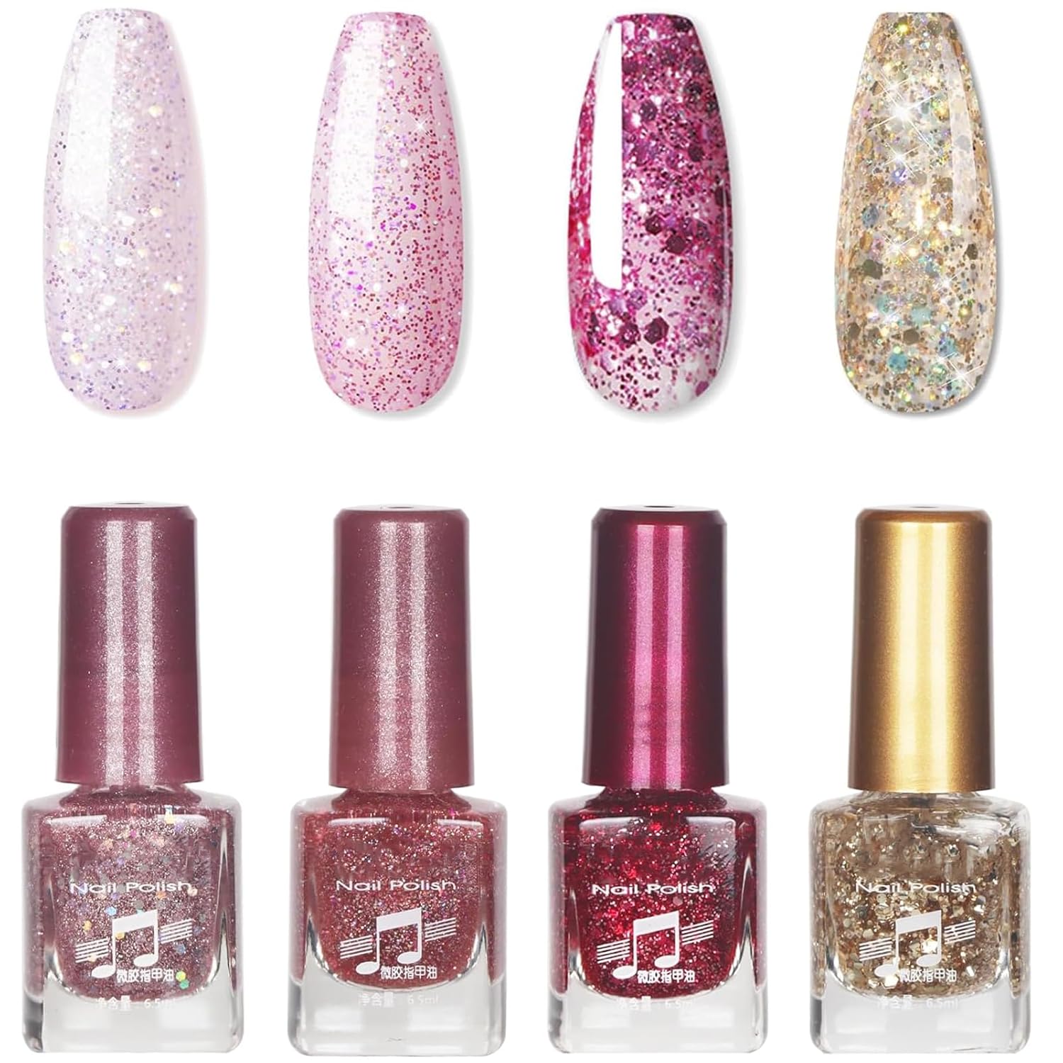 Glitter Nail Polish Sets - Flash Pink Nail Varnish Set - 4 Colours Long-lasting Nude Glitter Nail Varnish Set - Quick Drying Nail Polish Gifts for Women Nail Art DIY Home