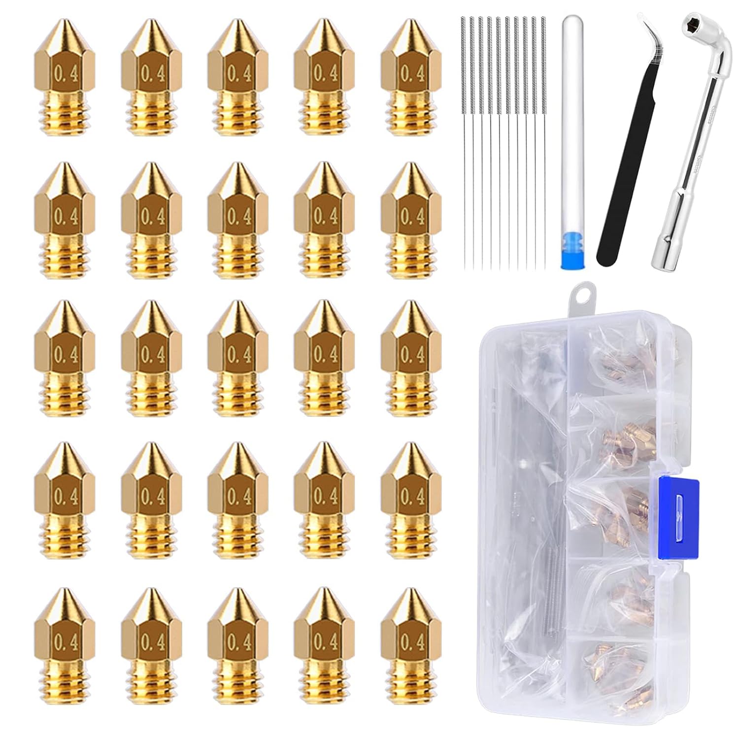 25PCS MK8 Ender 3 Nozzles 0.4MM, 3D Printer Brass Hotend Nozzles with DIY Tools Storage Box for Creality Ender 3/Ender 3 Pro/Ender 3 Max/Ender 5 Pro, Ender 3 S1/Ender 3 Neo/CR 10 Series 3D Printer