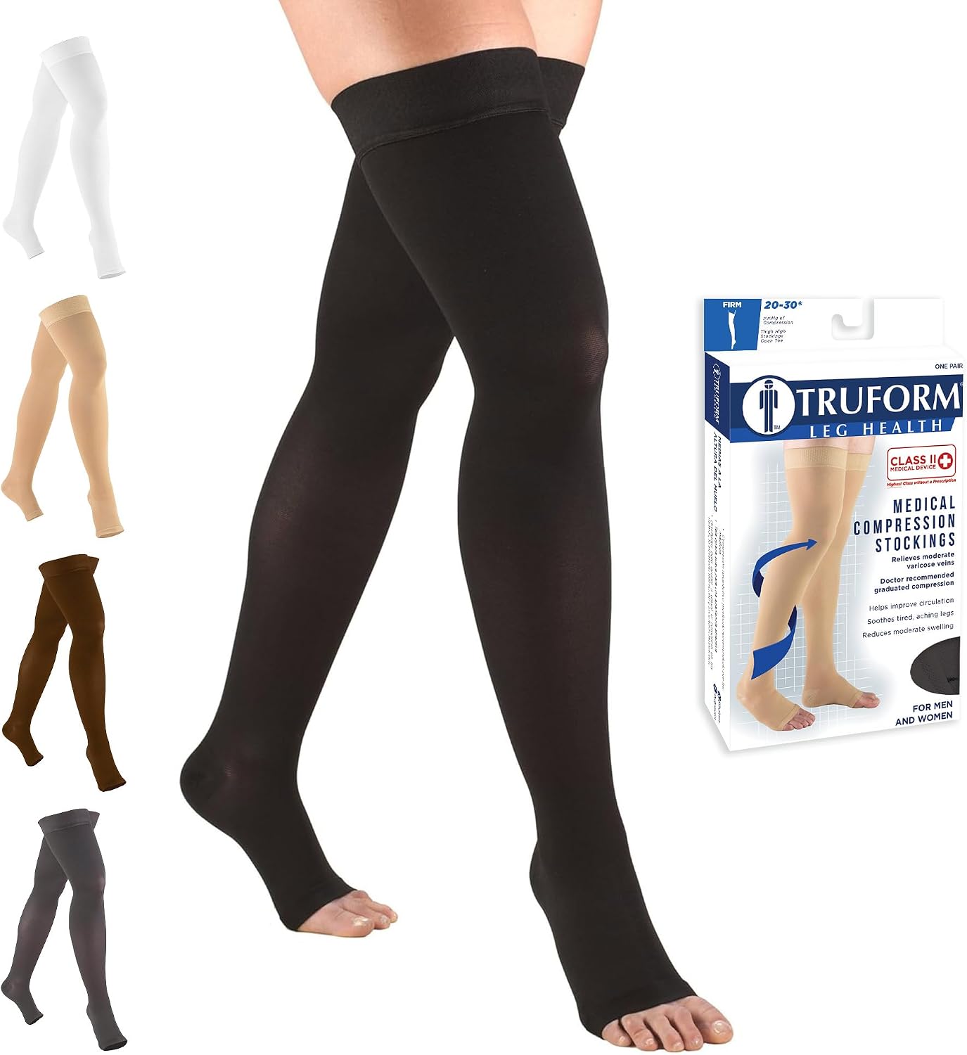 Truform 20-30 mmHg Compression Stockings for Men and Women, Thigh High Length, Dot-Top, Open Toe