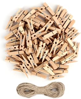 Mini Clothespins, 100 Pcs 1.4 Inch Mini Clothespins for Photos with 10m Jute Twine, Small Photo Clips Mini Clothes Pins Wooden, Mini Wooden Clothespins Hang Wedding Party Crafts