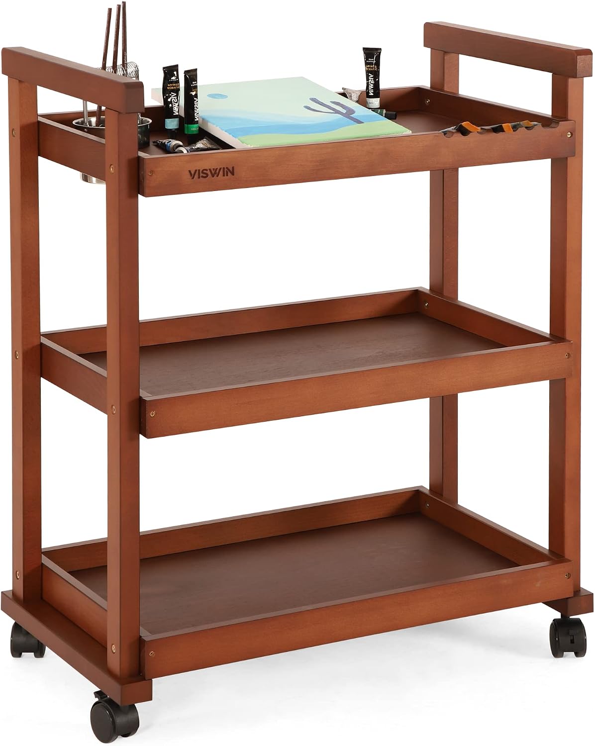 VISWIN 94 cm High Wood Storage Rolling Cart, Solid Beech Wood 3 Tier With 4 Lockable Wheels, Multifunctional Art Craft Cart Organizer for Art Supplies, Studio, Classroom, Bedroom