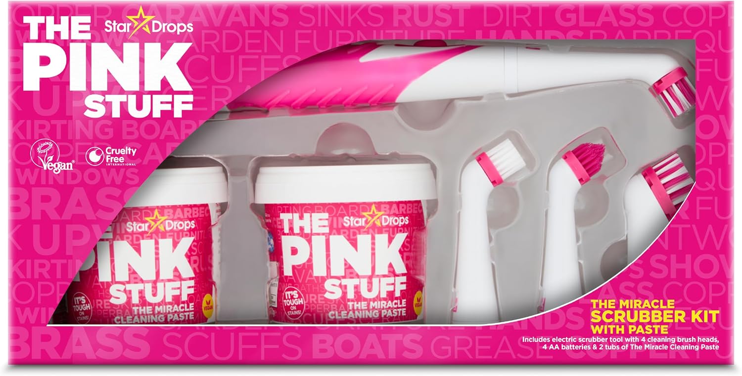 The Pink Stuff Miracle Scrubber Kit - 2 Tubs of The Miracle Cleaning Paste With Electric Scrubber Tool and 4 Cleaning Brush Heads - Perfect for Hard to Reach Areas and Many More!