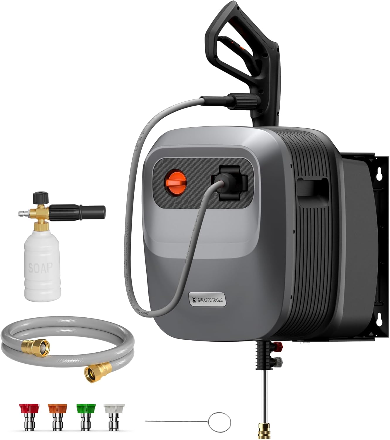Giraffe Tools Grandfalls Pressure Washer G20 Pro, 2500 PSI 2.2 GPM, 180° Wall Mounted Power Washer, Auto-Retract with 65FT Hose Reel, 5 Nozzles for Floor/Cars/Fences/Patios, Dark Silver