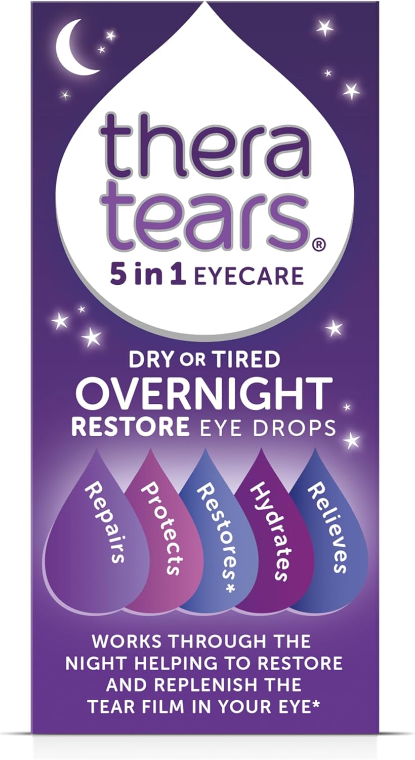TheraTears® Overnight Restore Dry or Tired Eye Drops | Repairs and Hydrates Eyes’ Through the Night | Long-Lasting Relief and Preservative Free | 5 in 1 Eye Care Drops | 10ml