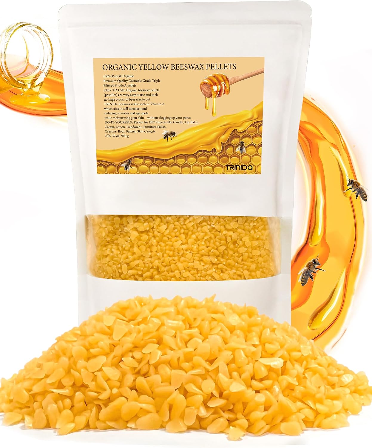TRINIDa Beeswax Pellets 2LB(32 oz), Organic Yellow Bees Wax for DIY Candles, Beeswax for Candle Making, Skin, Body, Face, and Hair Care, Lotions, DIY Creams, Lip Balm and Soap Making Supplies
