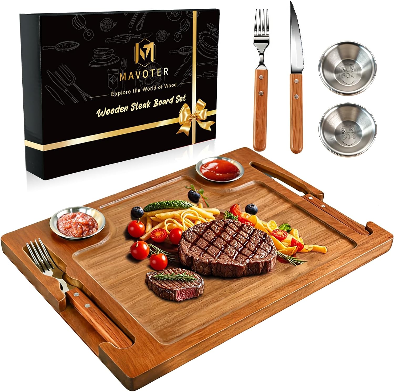 Acacia Wooden Steak Board Set Carnivore Cutting Board Plate for Eating | Steak Serving Charcuterie Boards with Knife Fork Sauce Cups & Deep Groove for Dinner BBQ Party Restaurant Housewarming Gifts