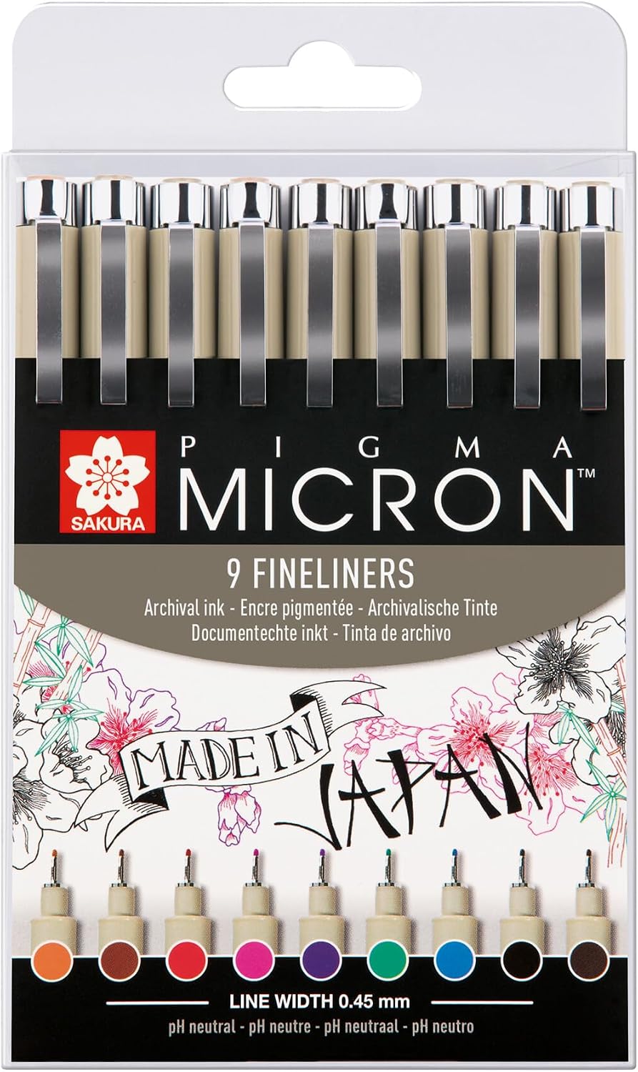SAKURA Pigma Micron 05 Fineliner Set of 9 Colors | Waterproof Ink, Size 05 (0.45 mm) | Pens for Writing, Drawing & Journaling