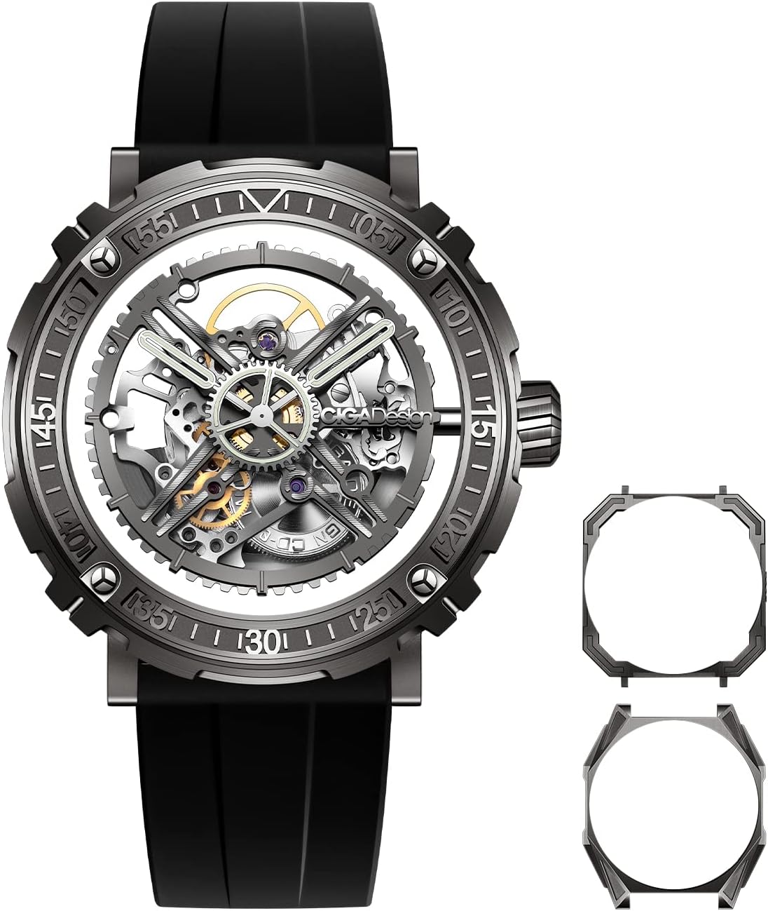 CIGA Design Automatic/Manual Mechanical Watch Magician Series Stainless Steel/Titanium Detachable Case Sapphire Crystal Fluororubber Strap Watches for Men and Women with 3 Shapes Case