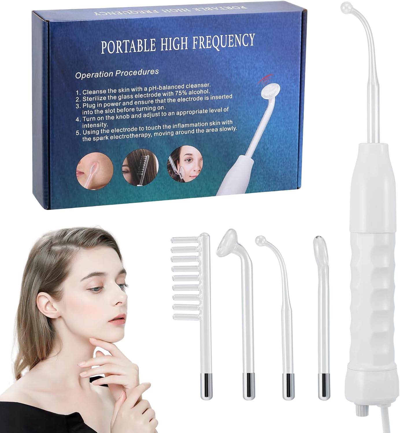 High F-requency Face Wand,Portable High Frequency Facial Skin Light Therapy Wand Device with 4 Electrodes for Acne, Wrinkle Removal, Hair Regrowth, Skin Tightening
