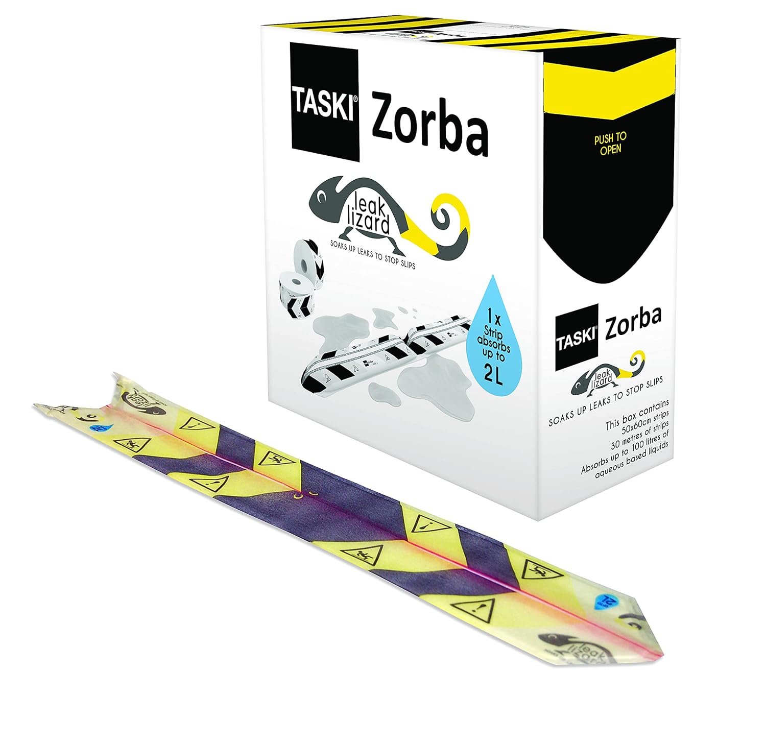 Diversey-7523269 Taski Zorba Leak Lizard - Soaks Up Leaks to Stop Slips, 1 Strip Absorbs up 65 ounces (Pack of 50) - Yellow/Black