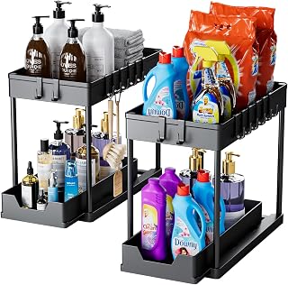 mosala Under Sink Organizers and Storage 2 Pack - 2 Tier Sliding Bathroom Cabinet Organizer with Hooks - Multi-Purpose Under The Sink Organizer Kitchen - Black