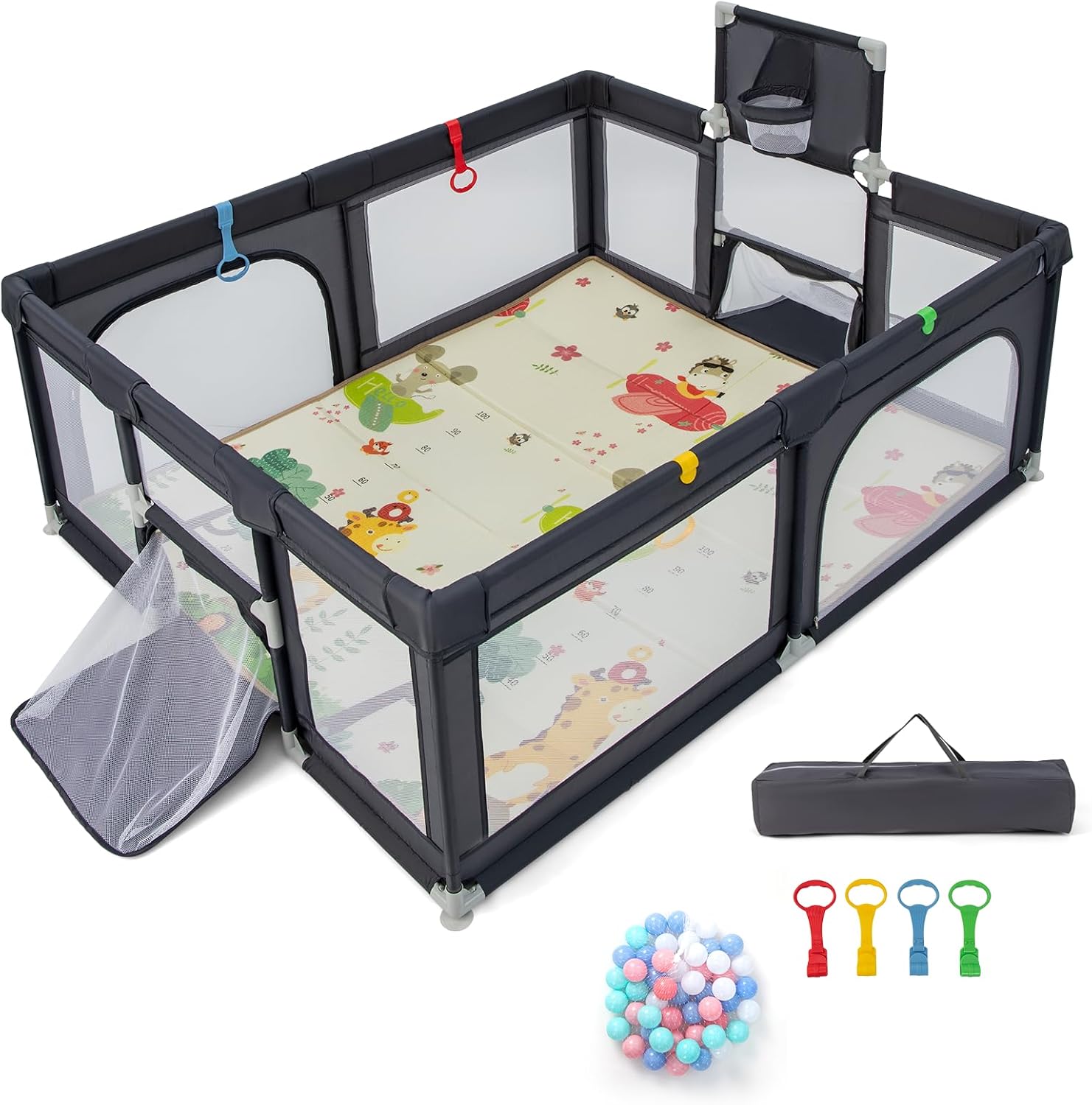 GYMAX Baby Playpen, Large Toddler Fence Play Yard with 50 Ocean Balls, Soft Mat, Basketball Hoop and Soccer Nets, Indoor Outdoor Infant Activity Center (Dark Gray, 187 x 157 x 68cm)