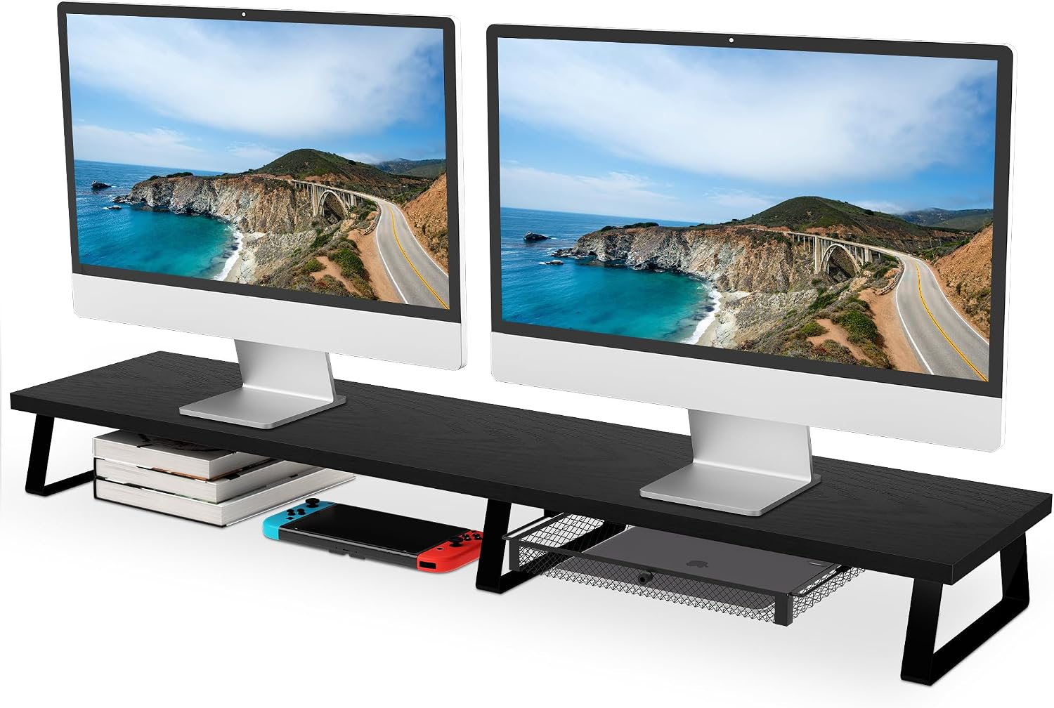 Aothia Large Dual Monitor Stand Riser - Monitor Stand For 2 Monitors, Monitor Stand With Drawer,Desk Shelf For Monitor, Wood Monitor Riser Stand with Storage Organize For Pc,Tv,Laptop,Screen (Black)