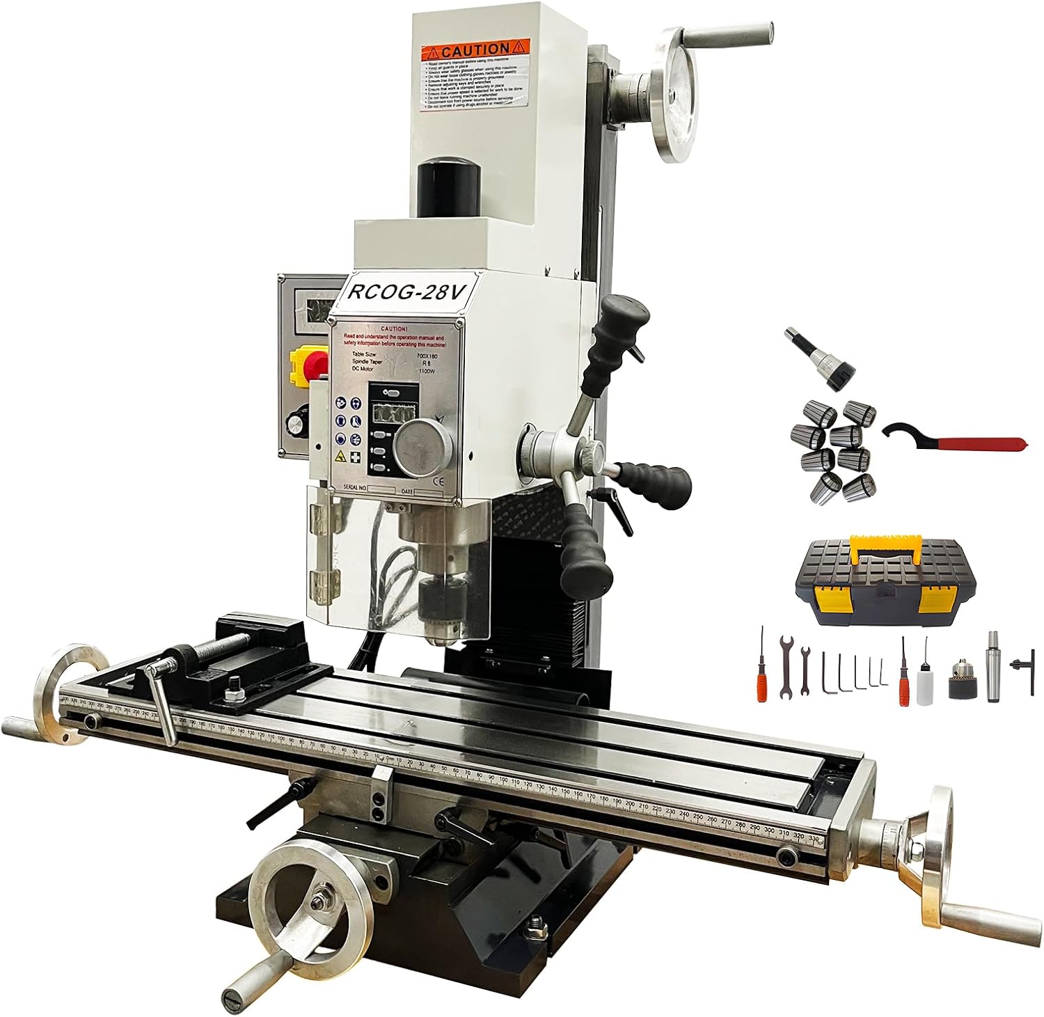 Mini Milling Drilling Machine R8 Benchtop Mill Drill Machine 7.1x27.5'' Mirco-Feed Mill Drill 1300W 20-2250rpm Variable Speed Mini Milling Machine for Wood Metal RCOG-28V 110V