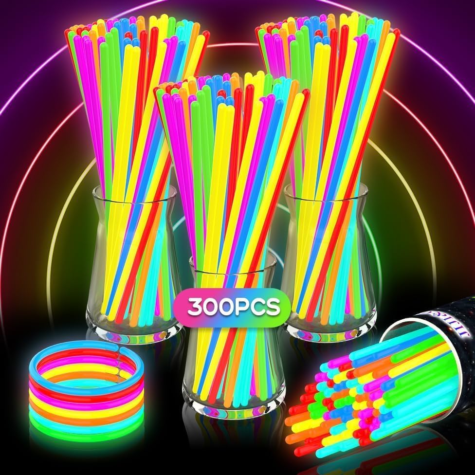 JIJI&CUI Glow Sticks 300pcs [8-Hour Ultra Bright] | Eco-Friendly & Non-Toxic Party Supplies for Kids, Festivals, Concerts,Halloween, Sports Events | 300+ Connectors with Boxed Set (CE Certified)
