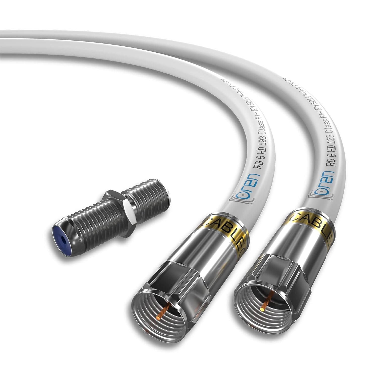 Oren Coaxial Cable 1m RG6 HD103 A++ Trishield – White - with Cabelcon Connectors and Adapter – Weatherproof – for Satellite and Digital TV, Aerial, Broadband, and High Speed Internet Connections