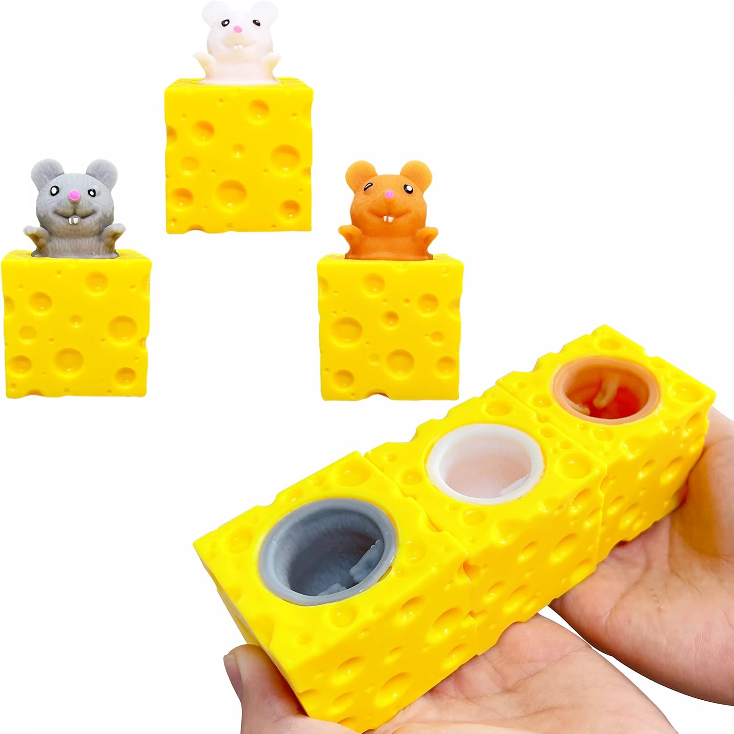 Squishy Stress Balls Cheese Sensory Fidget Toys (3-Pack) Mouse Stress Balls for Kids and Adults, Cube Squeeze Toy, Cute Anxiety Relief Squishy Toys Stress Relief Pop it Ball for Boys and Girls