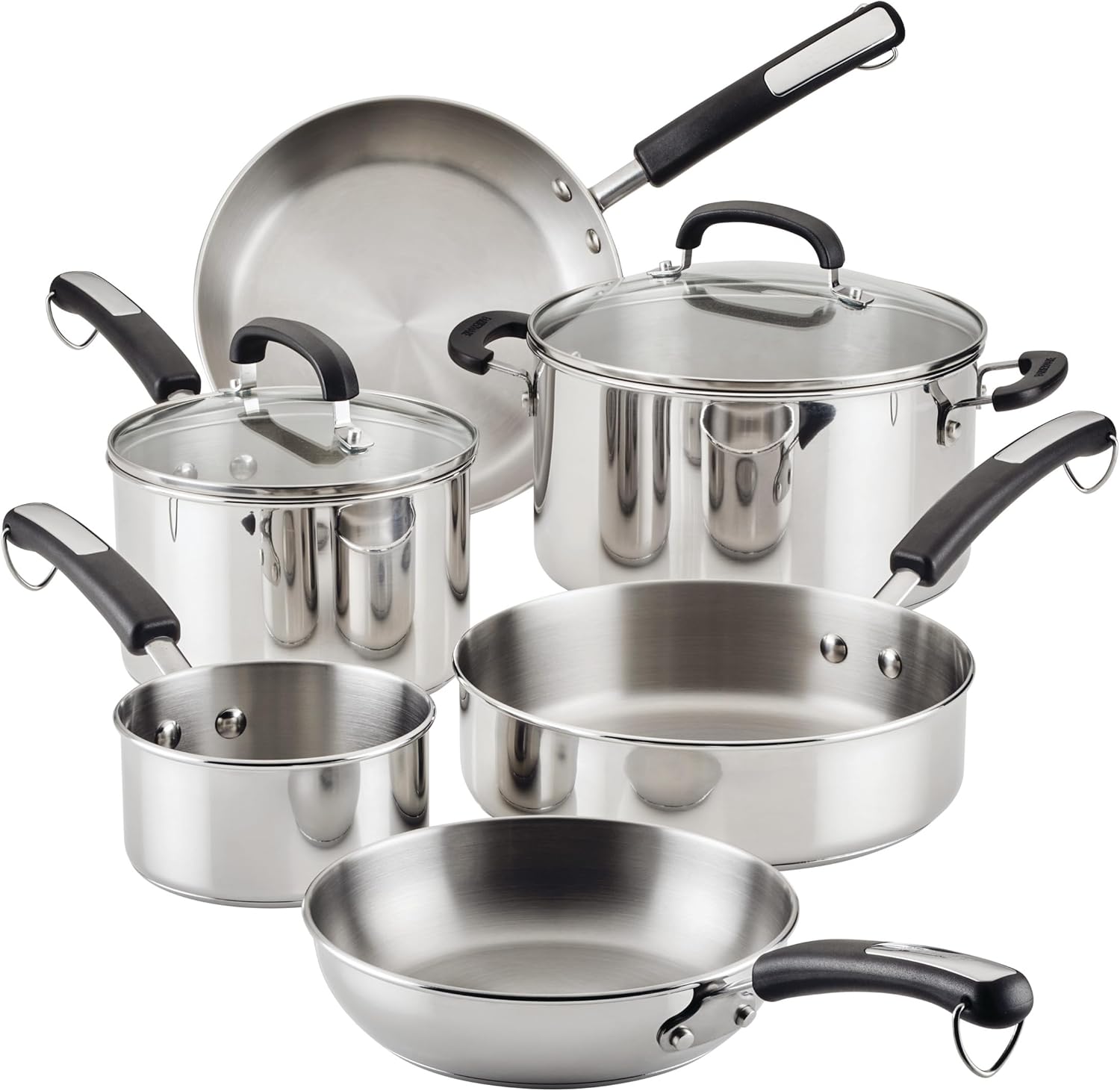 Farberware Brilliance Stainless Steel Cookware Pots and Pans Set with Kitchen Cooking Tools and Glass Lids, 10 Piece, Dishwasher Safe and Induction Ready, Stainless Steel