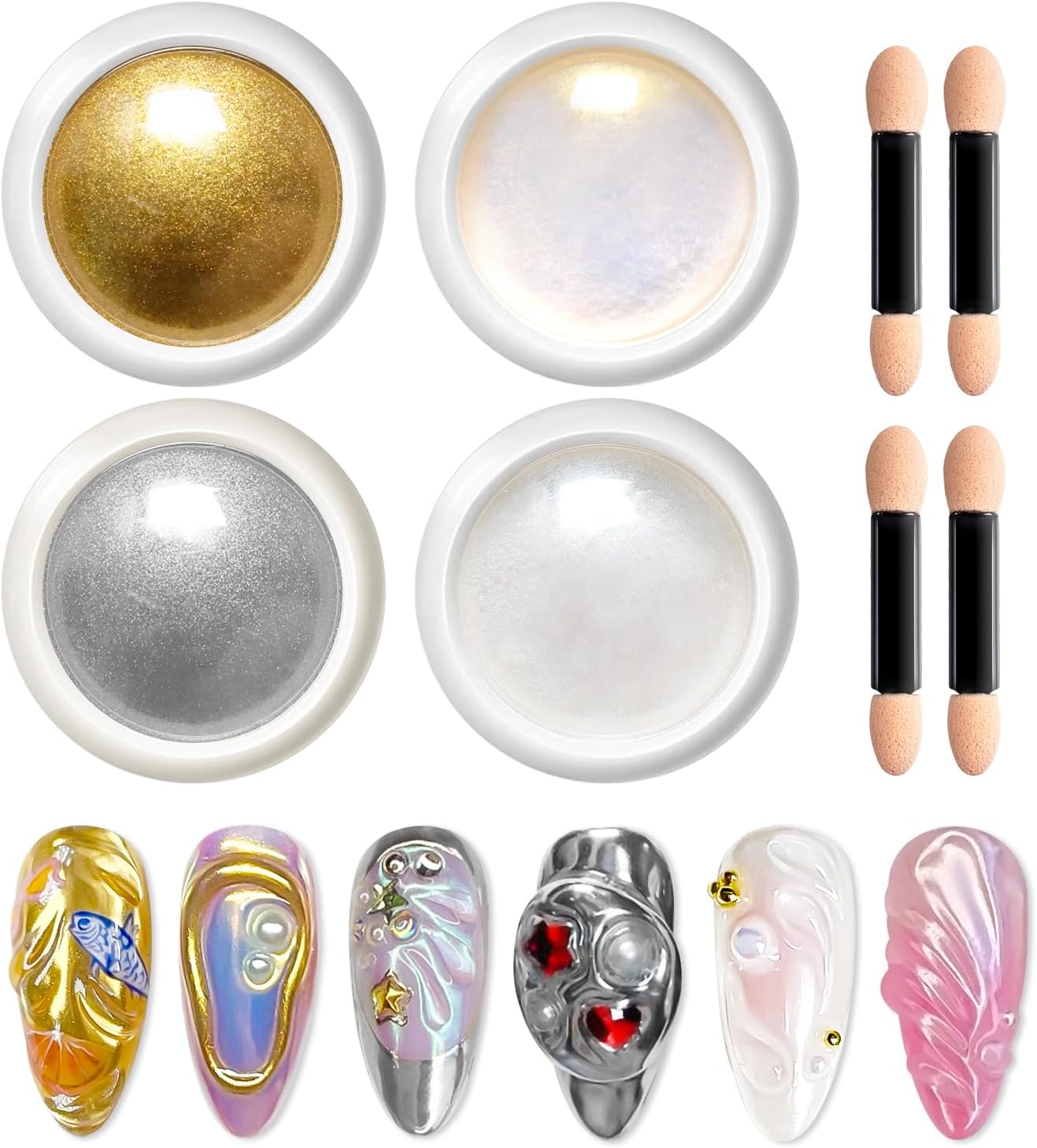 LEDSUUEI Gold Chrome Nail Powder: Mirror Effect Silver Chrome Powder for Nails Glitter LONG-LASTING, Pearl Aurora Mermaid Glazed Donut Nail Powder, Ice Holo Pigment Nail Art DIY Design Decor 4PCS