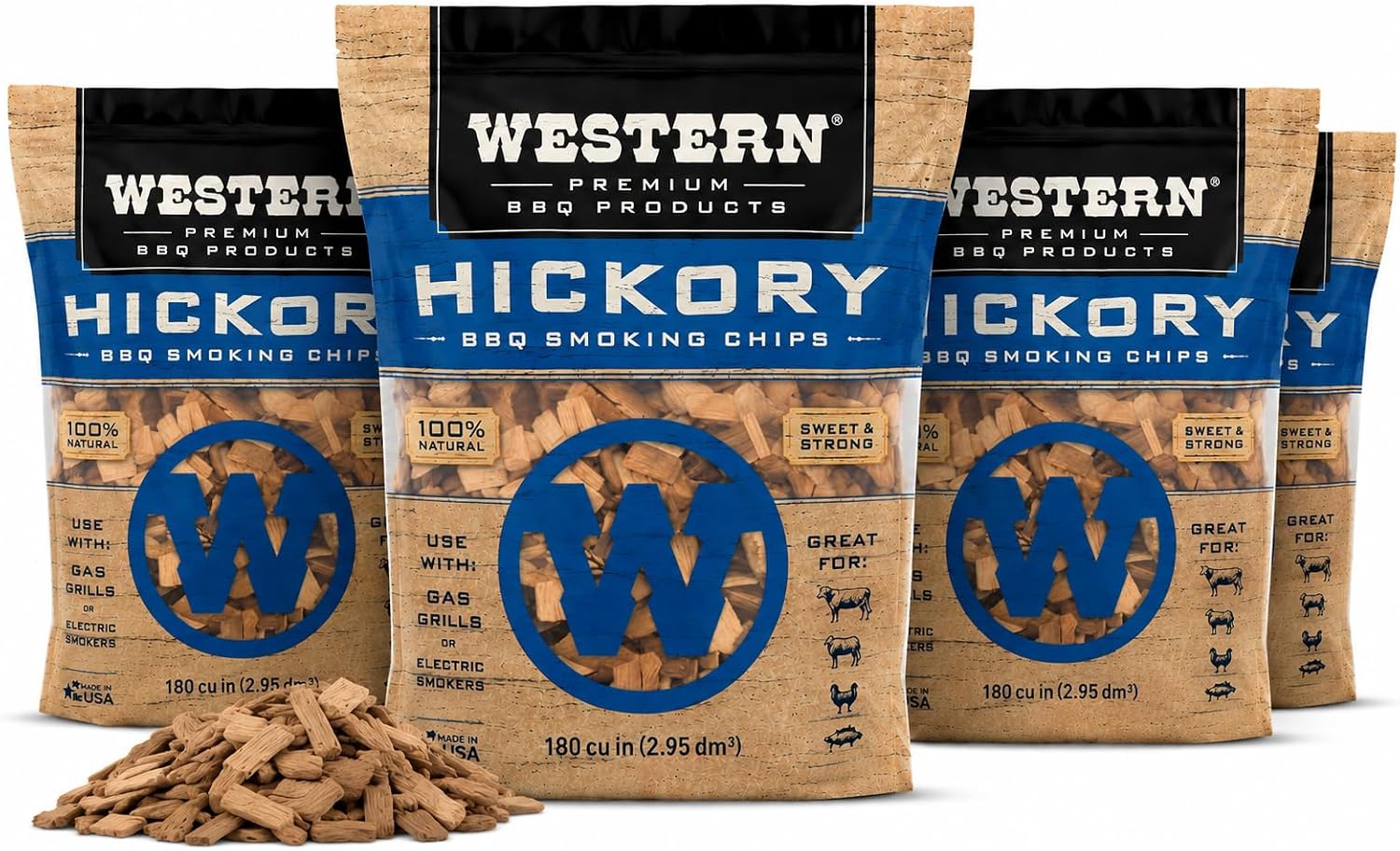 Western Hickory BBQ Smoking Chips 4 Pack – 100% Real Wood for Grilling & Smoking – Mildly Sweet, Rich Smoke Flavor – Perfect for Pork, Bacon, Sausage, Pork Shoulder, Chicken & Beef (Hickory)