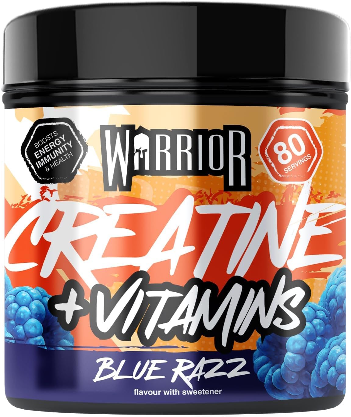 Warrior Creatine Monohydrate Powder + Vitamins 360g - Performance & Recovery - Pure Micronised Multivitamin Nutrition Blend - Vitamin A, B12, C, D, E, Magnesium, Iron, Zinc - 80 Servings (Blue Razz)
