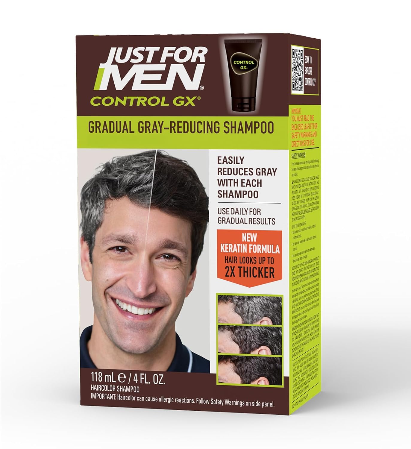 Just For Men Control GX Grey Reducing Shampoo, Gradual Hair Color with Keratin for Stronger Thicker and Healthier Looking Hair, 4 Fl Oz - Pack of 1 (Packaging May Vary)