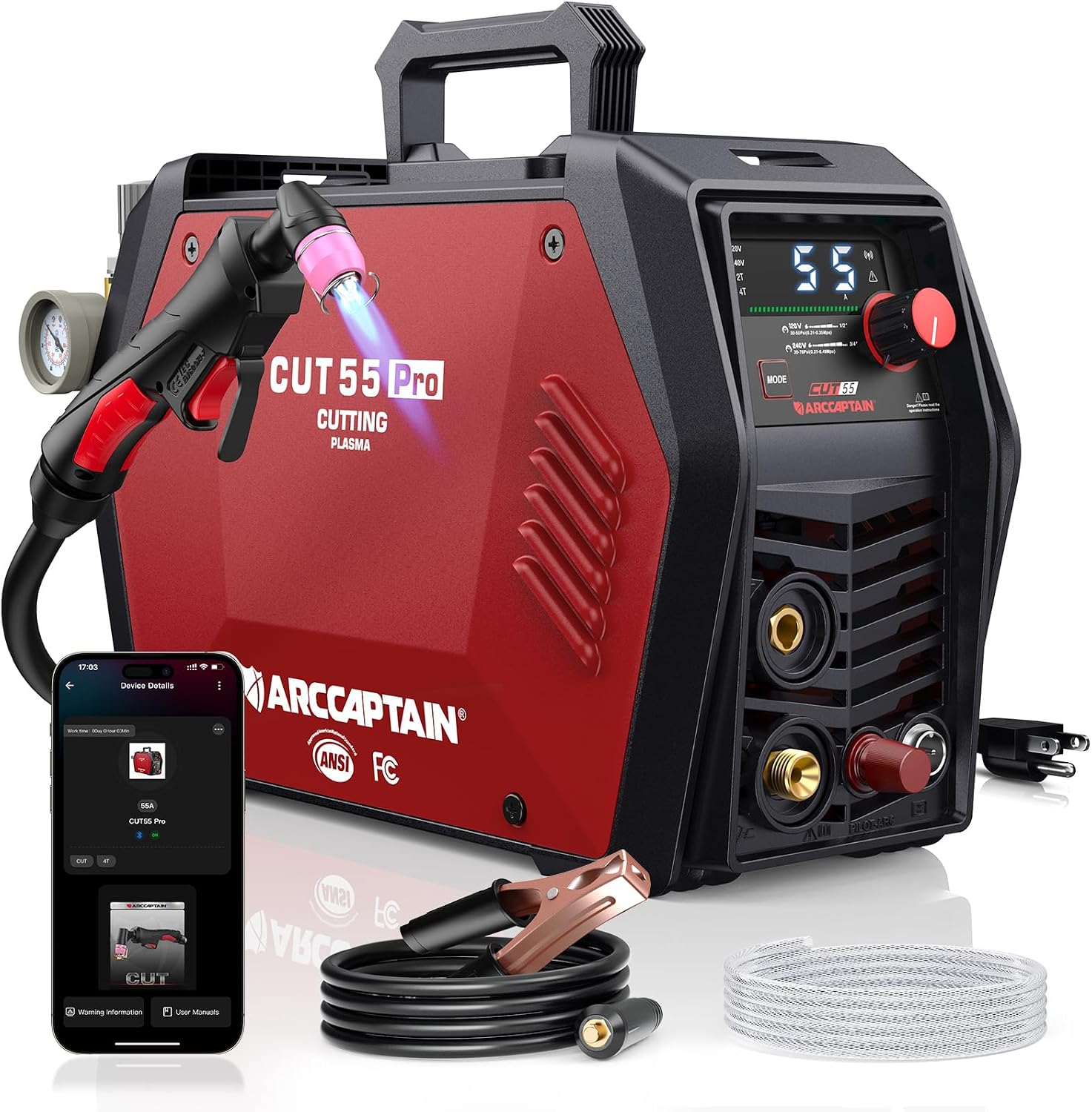 ARCCAPTAIN iControl CUT55 Pro Plasma Cutter Machine, 55Amp, 120V/240V | APP Control, 1/2" Clean Cut 3/4" Max Cut, Non-Touch Pilot Arc, 1/4 NPT Fitting, Large LED Display, 2T/4T, IGBT for Home DIY