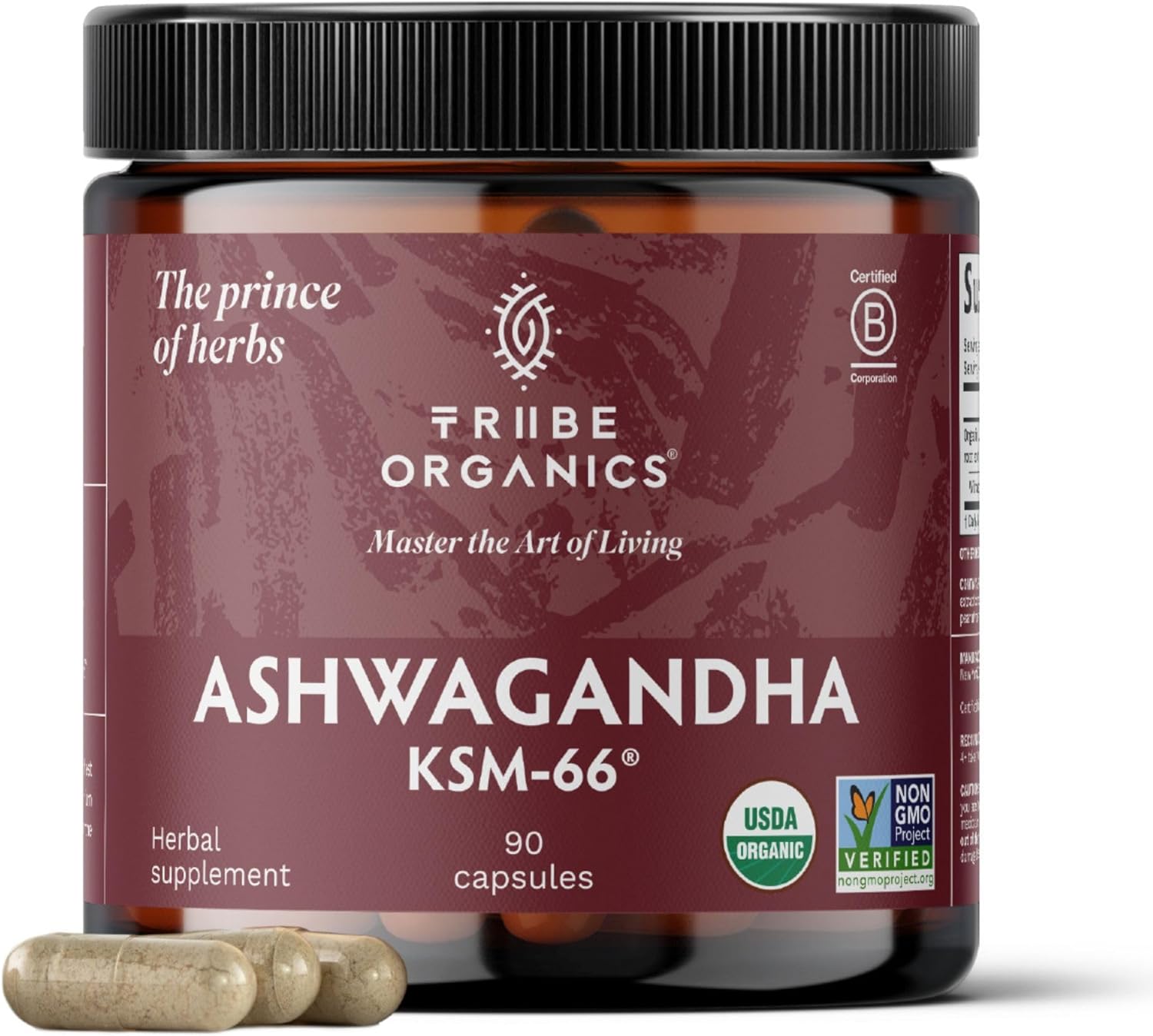 TRIBE ORGANICS Ashwagandha KSM 66 Pure Organic Root Powder Extract Ayurvedic Supplement - Focus Mood Support Increase Energy Strength 600mg of Natural KSM66 for Superior Absorption - 90 Capsules