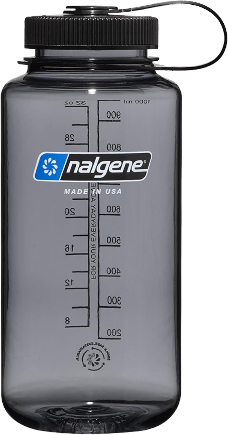 Nalgene Sustain Tritan BPA-Free Water Bottle Made with Material Derived From 50% Plastic Waste (using ISCC certified mass balance), 32 OZ, Wide Mouth, Gray w/ Black Lid