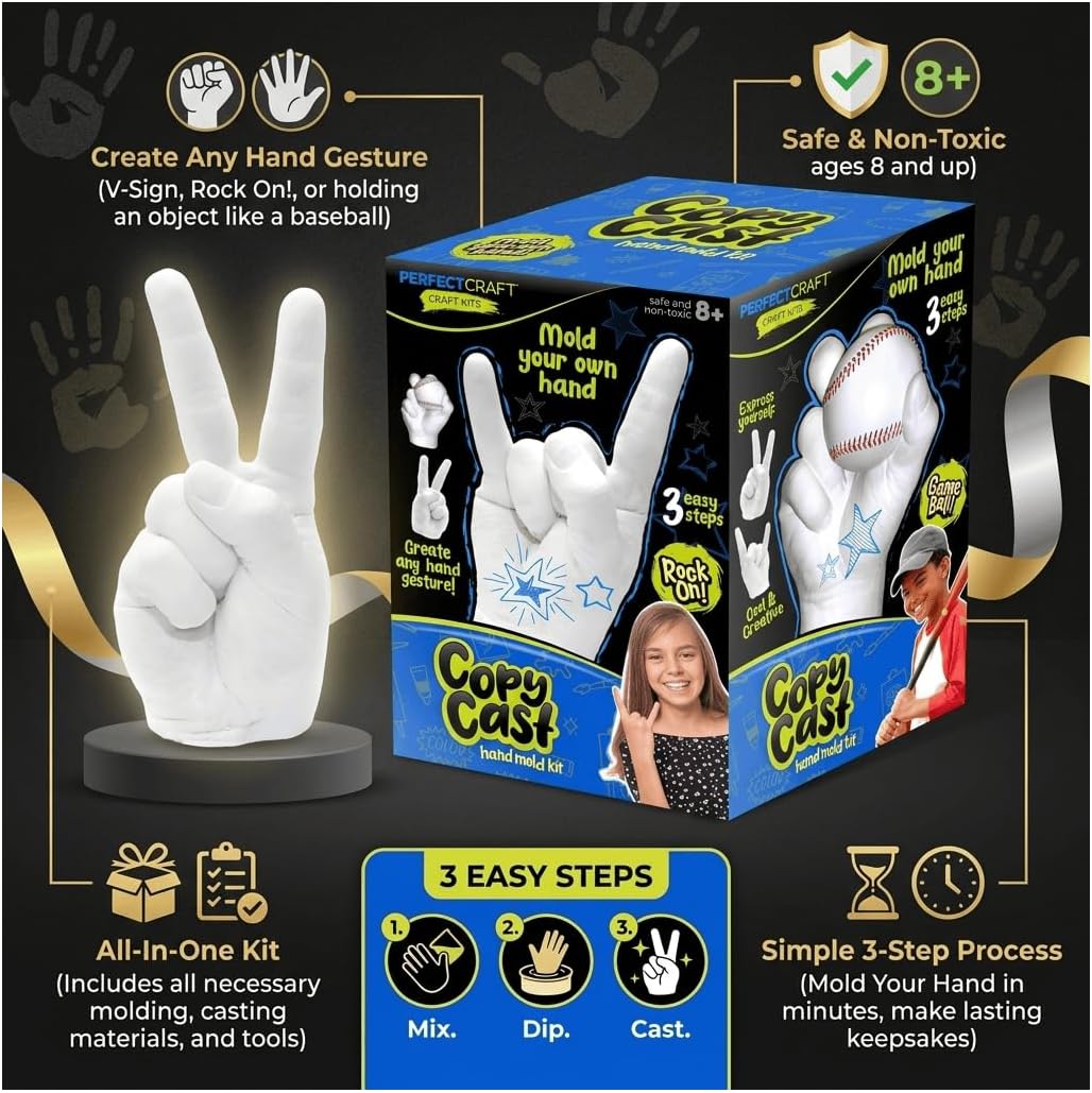 Hand Casting Kit, DIY Hand Mold Kit for Kids, Fun Craft Gift for Boys & Girls, Fast-Curing, Non-Toxic, Water-Based Material, USA Made, Ages 13+