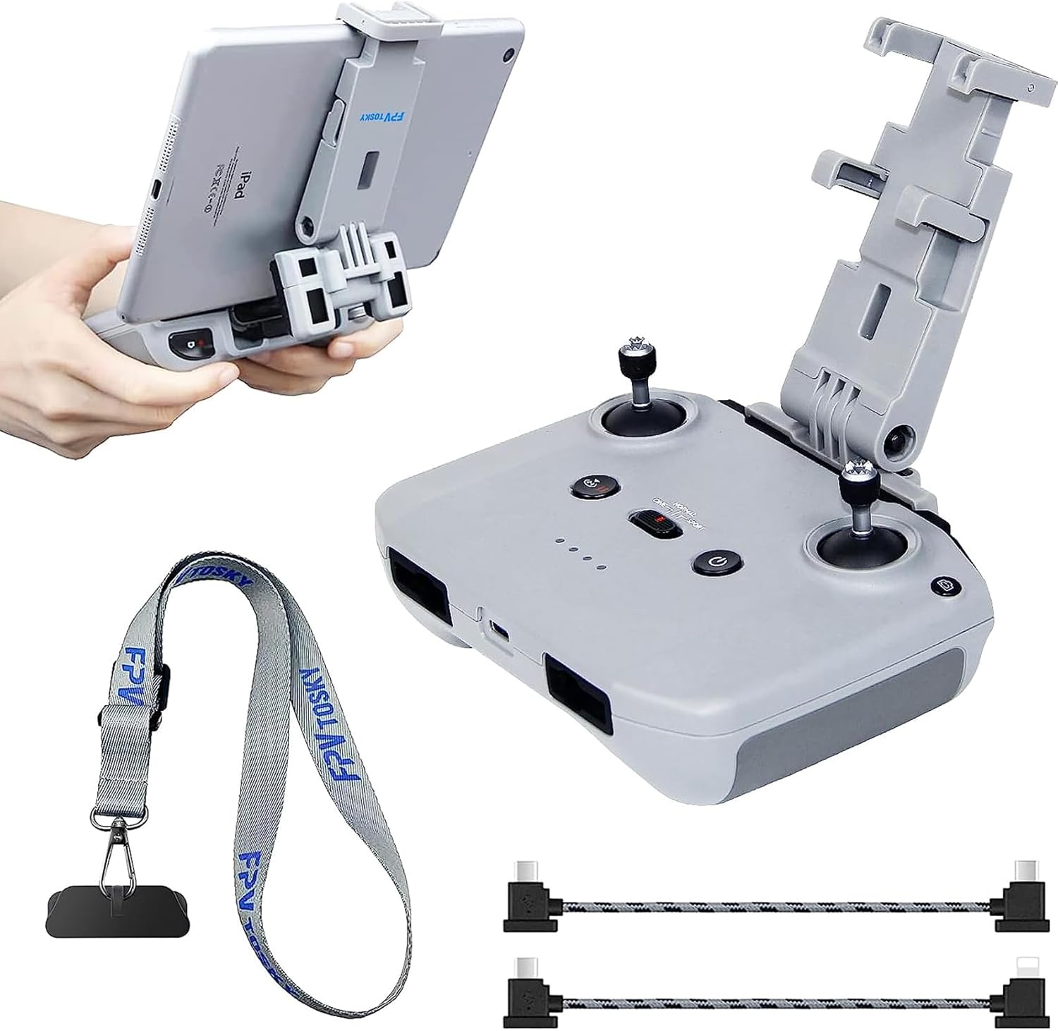 FPVtosky No Disassembly Tablet Holder for DJI Flip/Neo/Mini 2 SE/4K/ Air 3S/Mavic 3/Mini 3 Pro, 7-12 Inch Foldable iPad Mount Holder Pack of Lanyard and 2 Data Cables, DJI RC-N1/N2/N3 Accessories