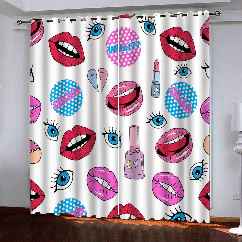 yuela 3D Cartoon Lipstick Curtains Panels for Bedroom with Black Liner, Full Room Darkening Noise Reducing Grommet Curtain (144W x 96L,5)