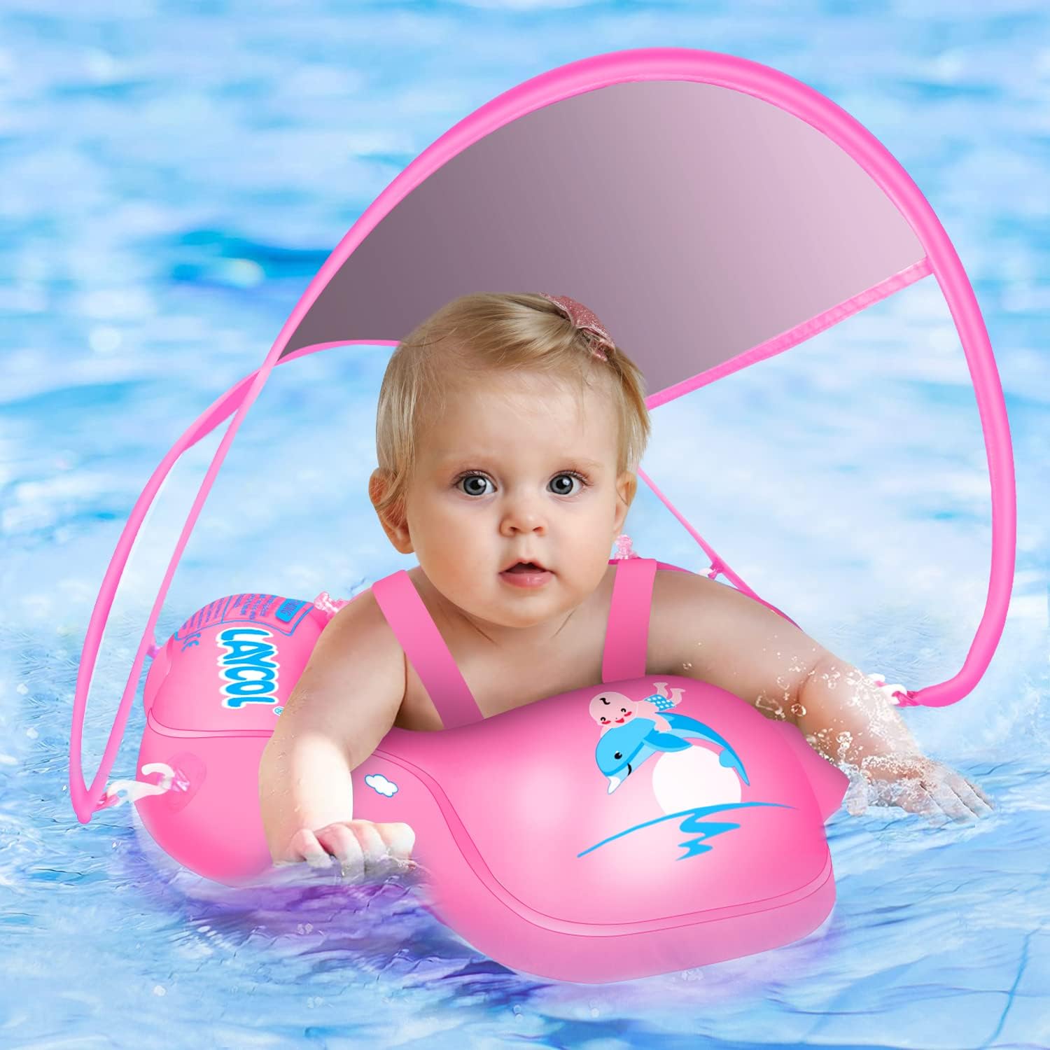 Baby Pool Float with Canopy UPF50+ Sun Protection, no flip Over Inflatable Baby Float for Baby 3-36 Months, Skin Protect Toddler floaties for Boys and Girls
