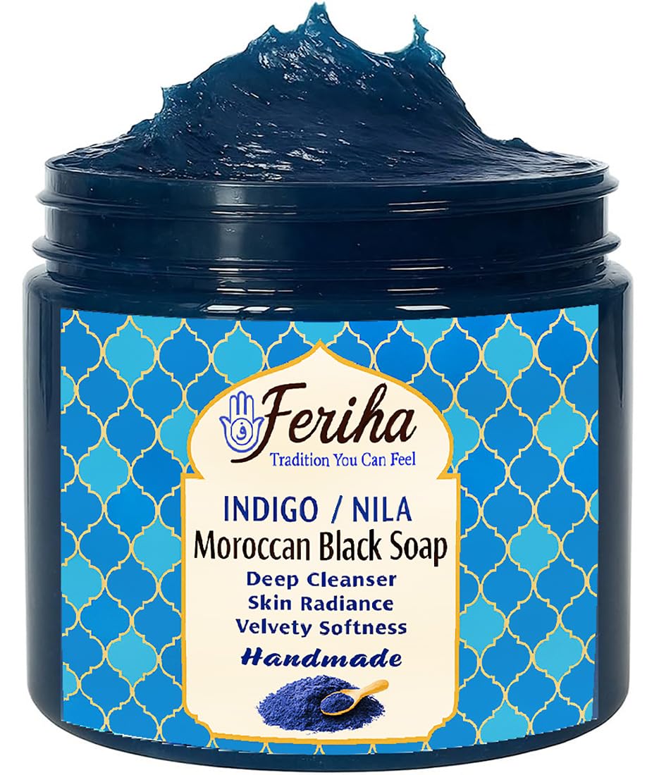 Feriha Moroccan Black Soap, Indigo, Sahara Nila, 100% Natural, Artisan Beldi Soap, Crafted & Packed in Morocco - Traditional Hammam Formula