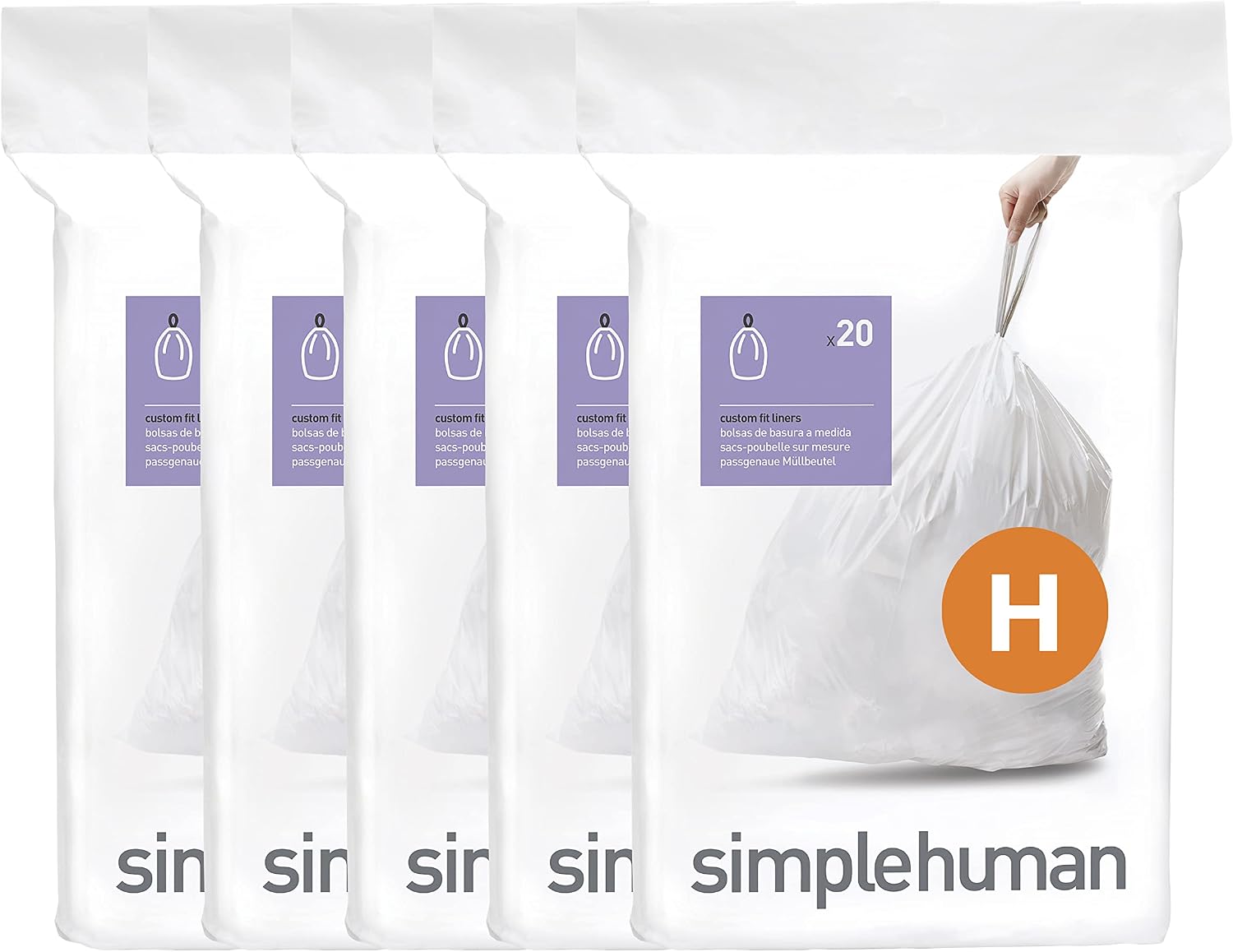 simplehuman Code H 100 Count,Genuine Custom Fit Liners, Drawstring Trash Bags in Dispenser Packs, 30-35 Liter / 8-9 Gallon, White