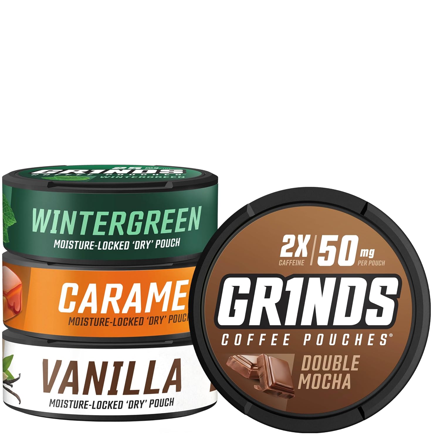 Grinds Coffee Pouches | Top 4 Flavors | Wintergreen, Caramel, Double Mocha, & Vanilla | 1 Pouch eq. 1/4 Cup of Coffee
