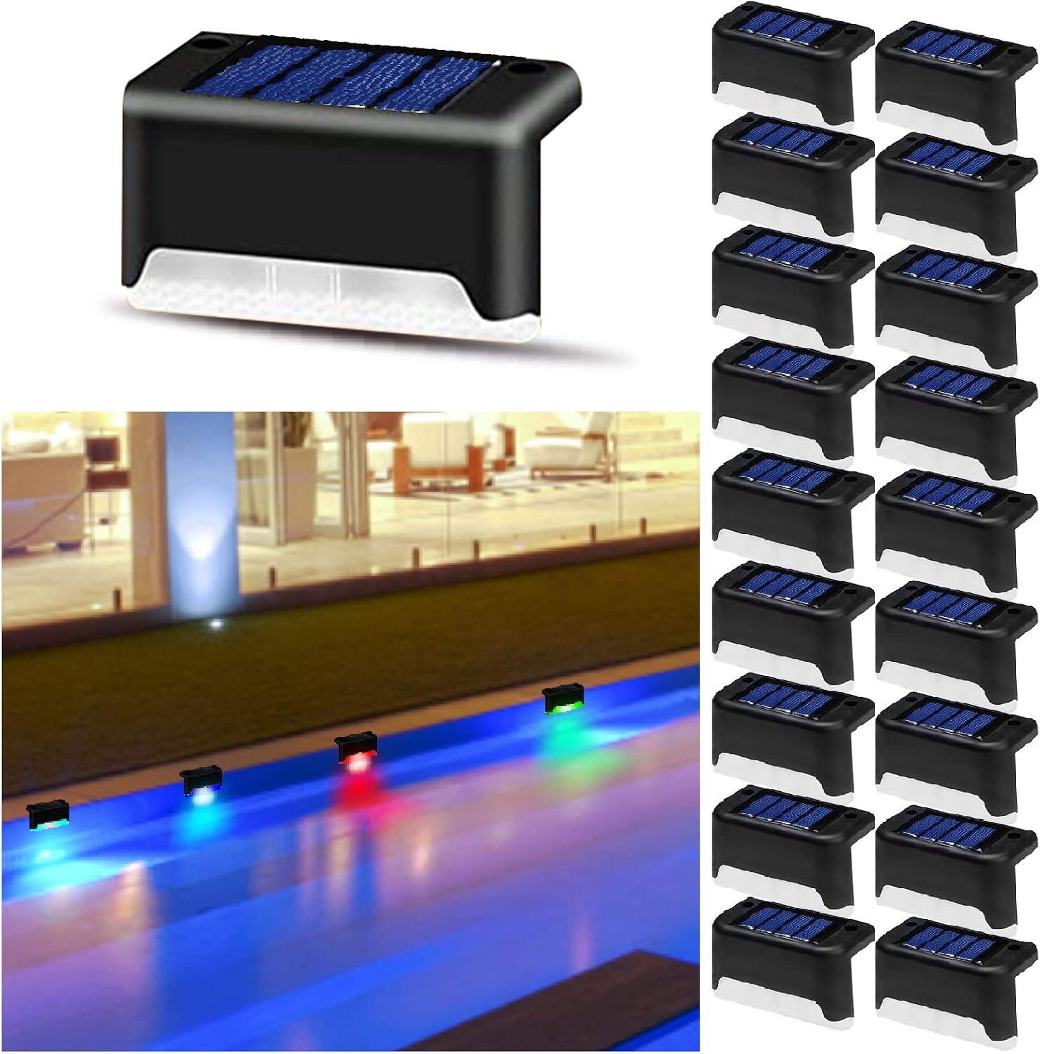 K.E.J. 16pcs Solar Lights Outdoor Waterproof Color Changing - Solar-Powered Yard Pathway Lighting LED Step Lights for Stairs, Fence, Driveway, Backyard, Garden & Patio Decor