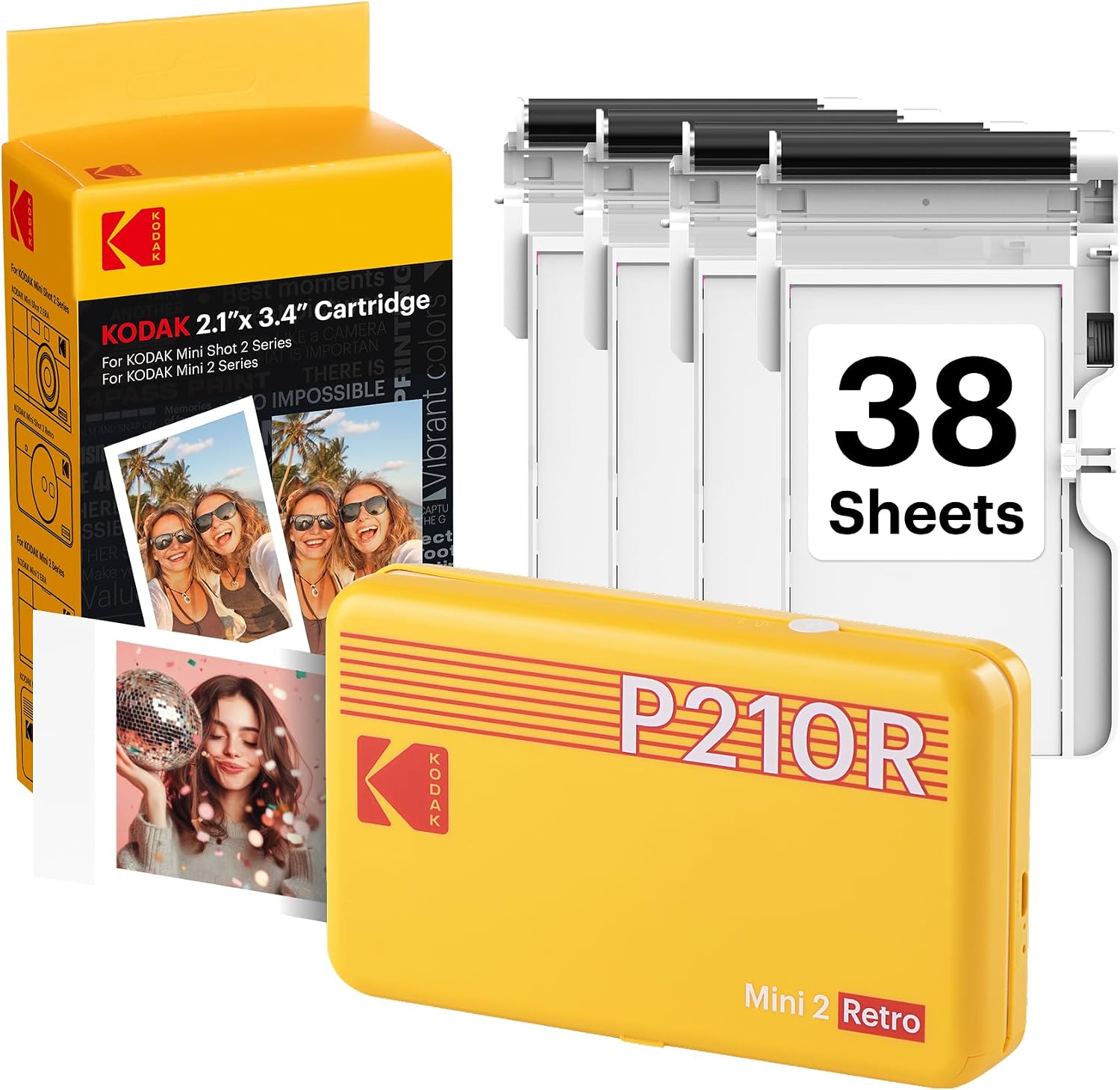 KODAK Mini 2 Retro 2x3 Portable Photo Printer, 4PASS, 38 Sheets, Yellow | Bluetooth, iPhone & Android Smartphone Compatible, Smudge-Proof, Water-Resistant, Fade-Resistant