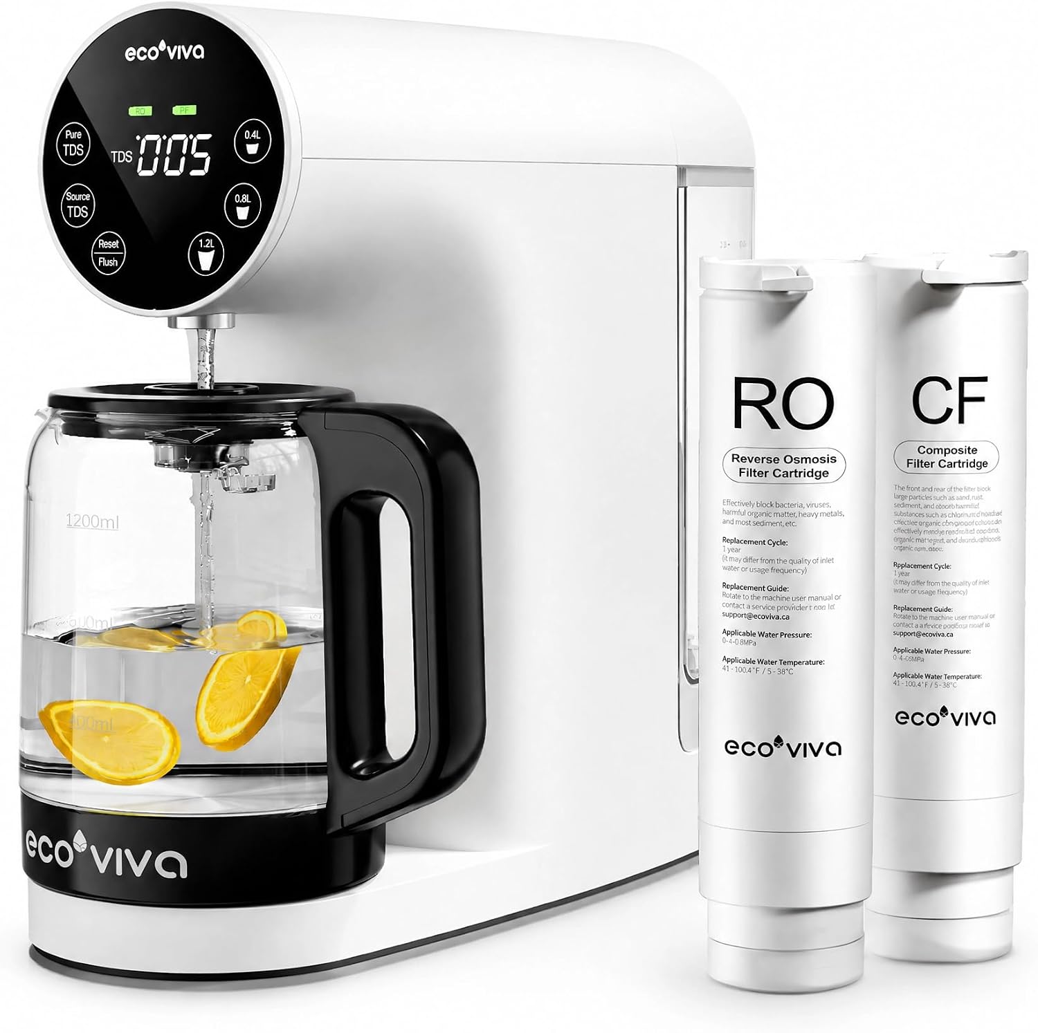 Ecoviva Countertop Reverse Osmosis Water Filtration System, Portable RO Water Filter Purifier with 4 Stage Filtration, 3:1 Pure to Drain, TDS Monitor, Faster Delivery Flow, Plug and Use - White