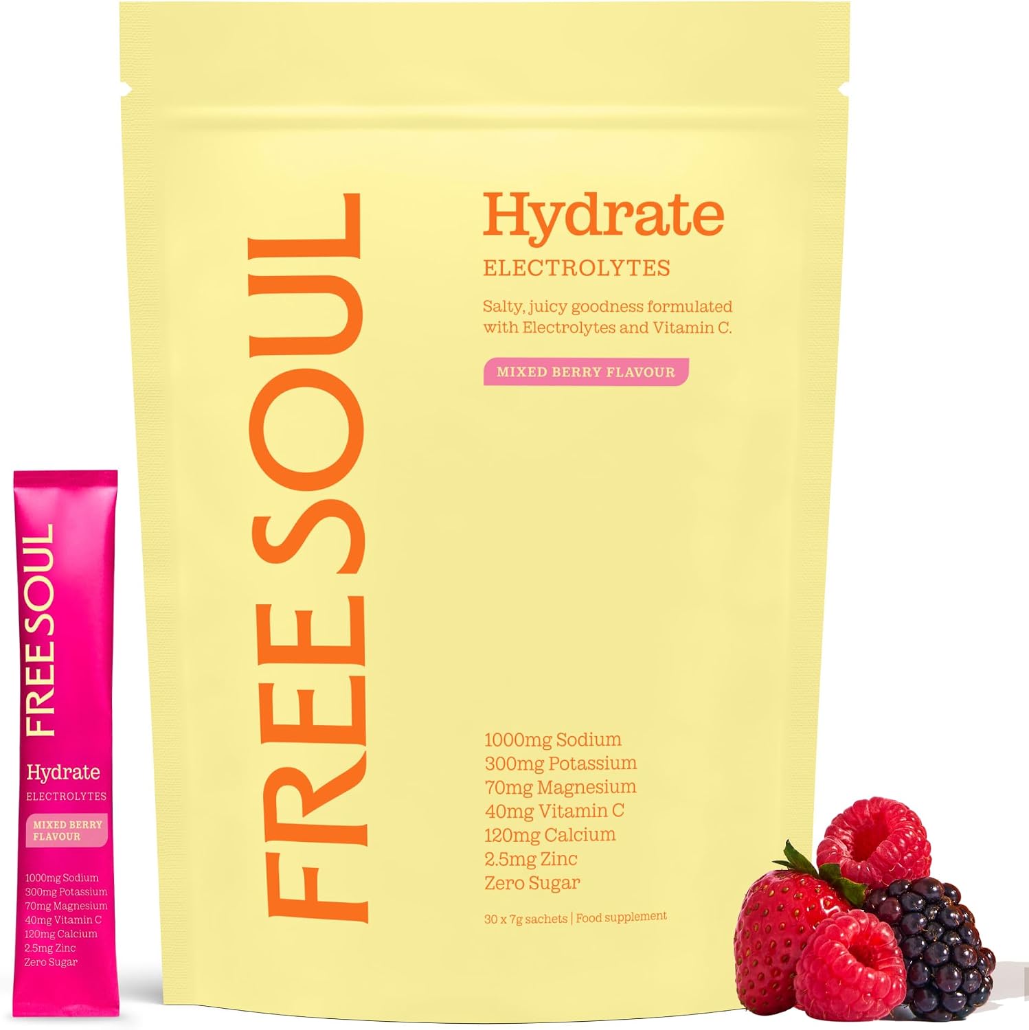Free Soul Hydrate Electrolytes Powder | 30 Sachets | Mixed Berry | Zero Sugar Electrolytes Sachets | Advanced Electrolyte Hydration Sachets with Sodium, Magnesium, Vitamin C, & More