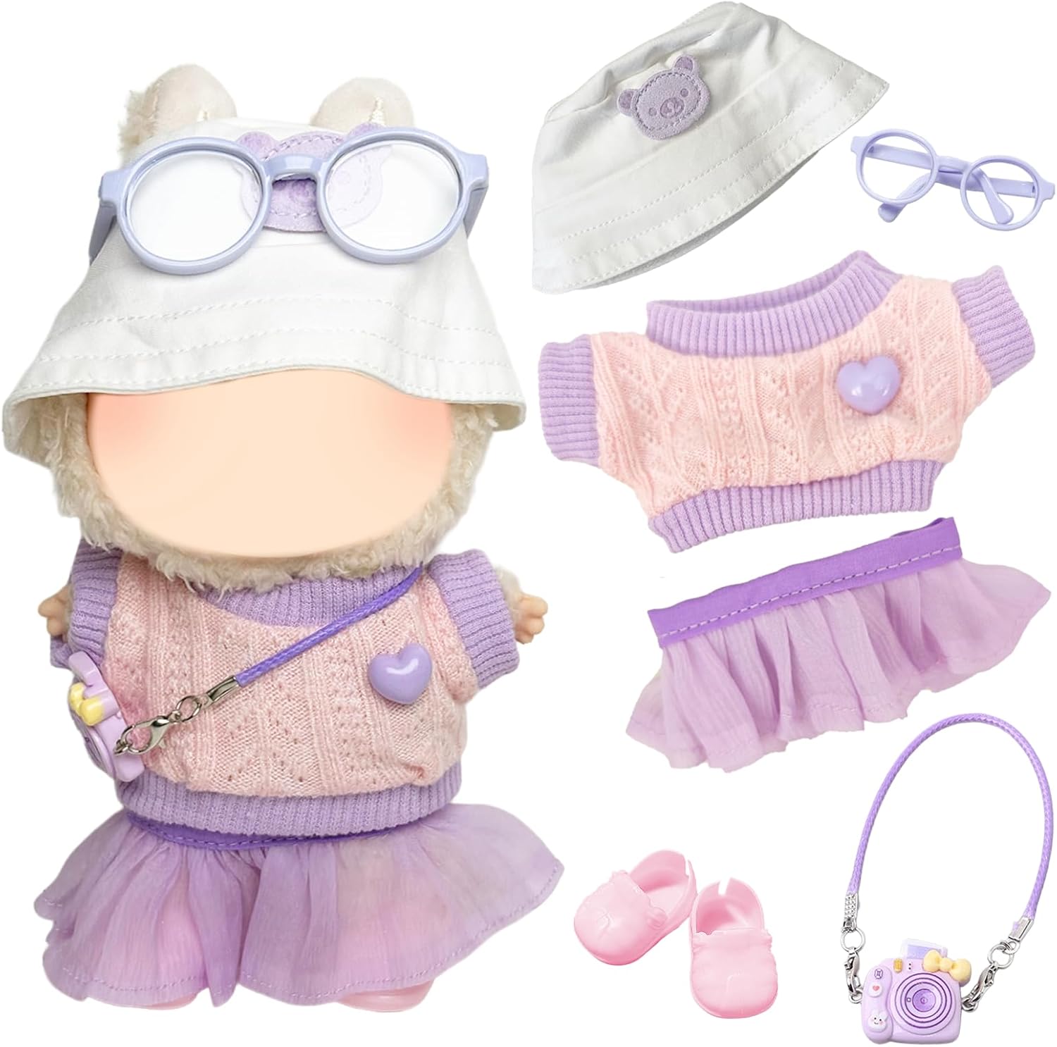 6Pcs Doll Clothes Compatible with Labubu 17cm Plush Dolls, Include 1 Top 1 Dress 1 Fisherman's Hat 1 Camera 1 Glasses 1 Shoes for Dolls Premium Outfit, Birthday Holiday Present for Kids(No Doll)Purple