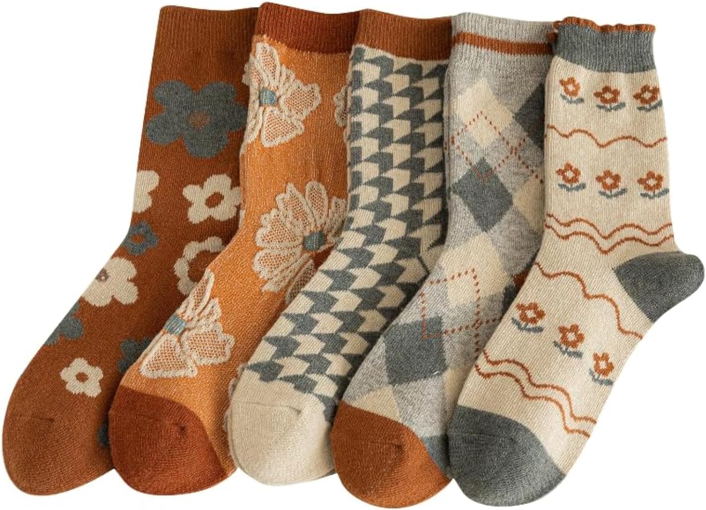 5/10 Pairs Wool Socks for Women Thick Knit Vintage Cute Floral Crew Socks