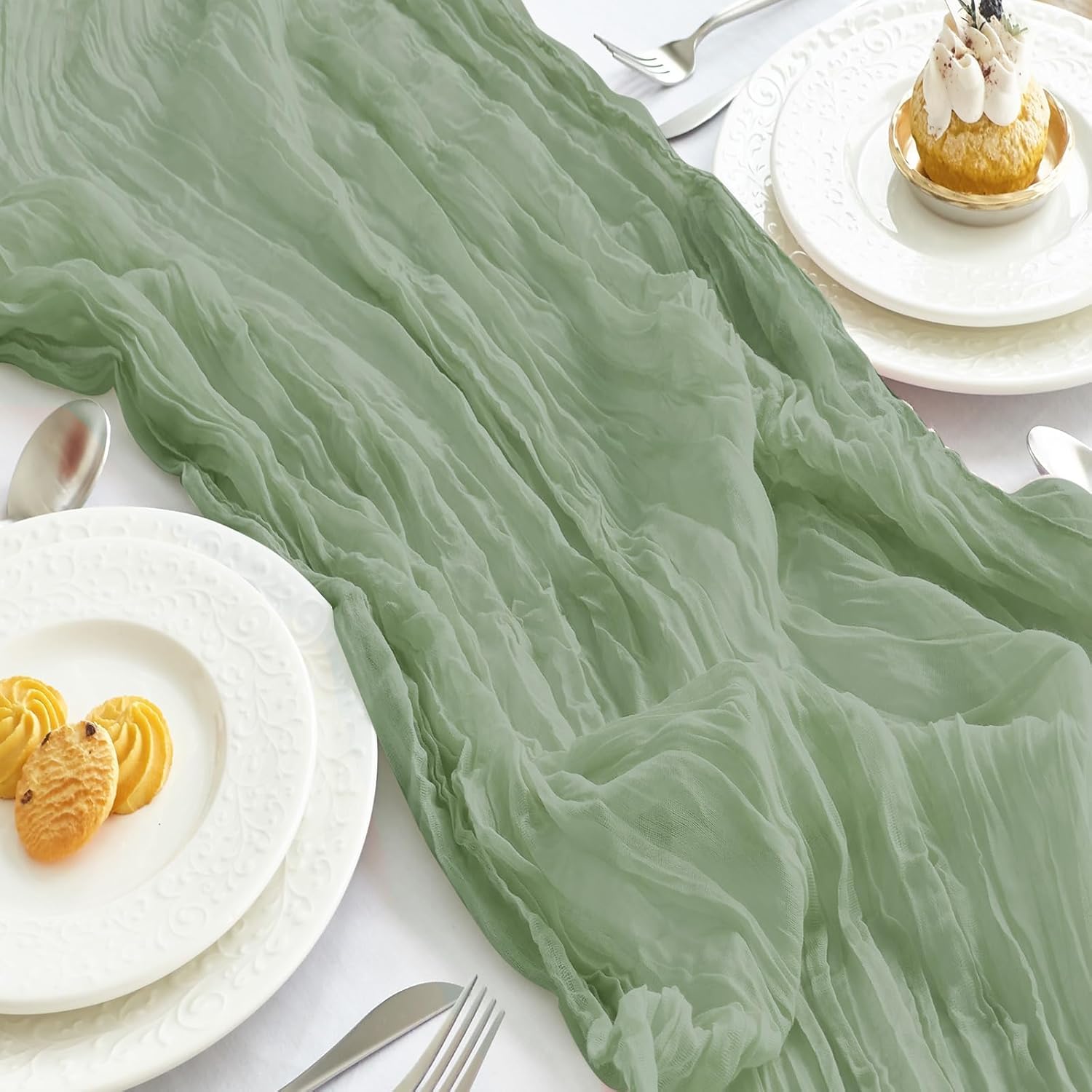 IVAPUPU 2 Pcs Cheesecloth Table Runner - 10ft Sage Green Easter Spring Boho Gauze Cheese Cloth Table Runners for Baby Shower Decoration Wedding Party Summer Garden Farmhouse